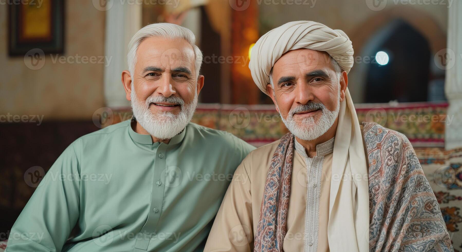 Elderly middle eastern men in traditional attire relaxing indoors photo