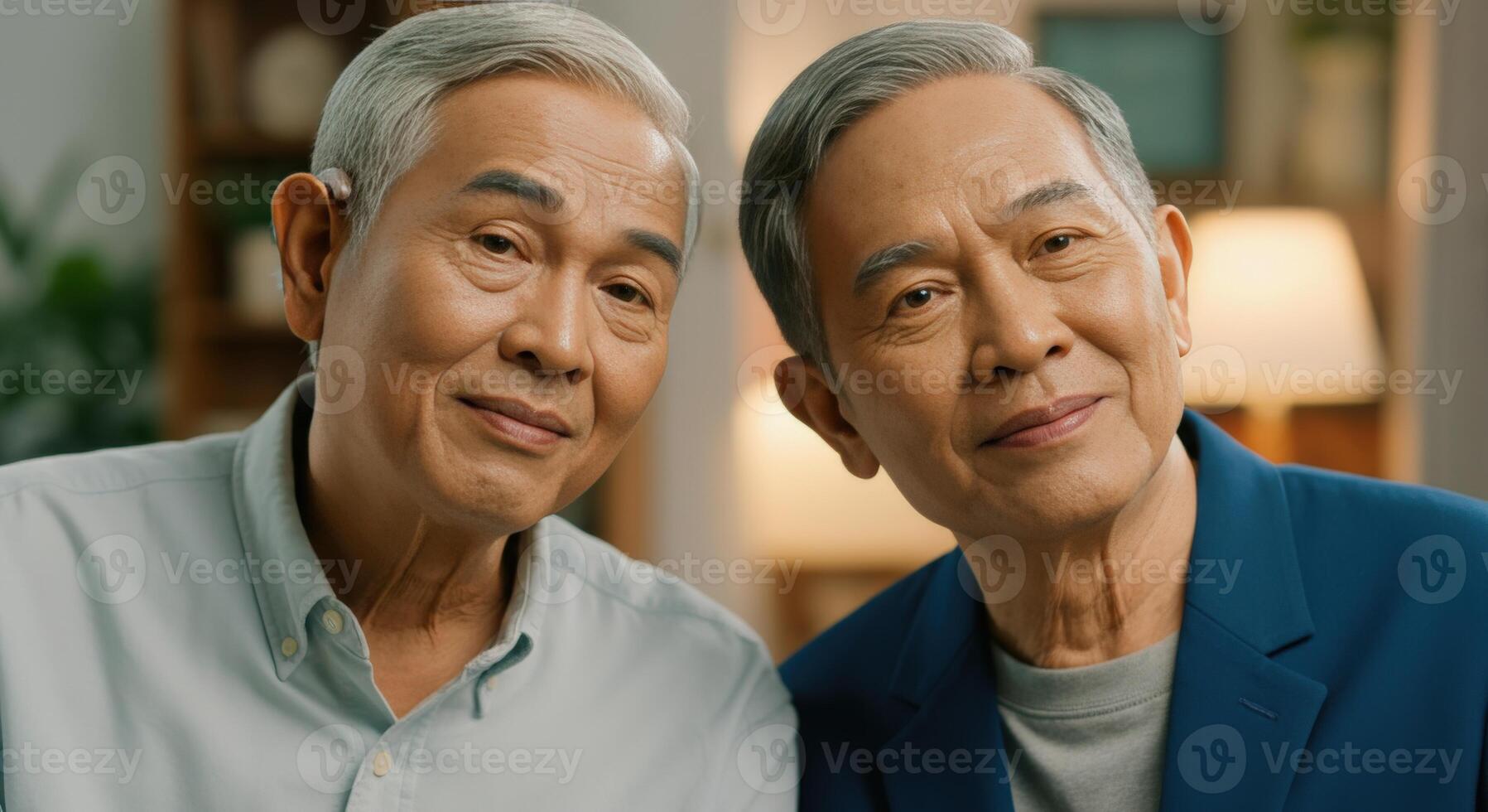 Elderly asian male couple posing indoors with warm smiles capturing friendship and contentment photo