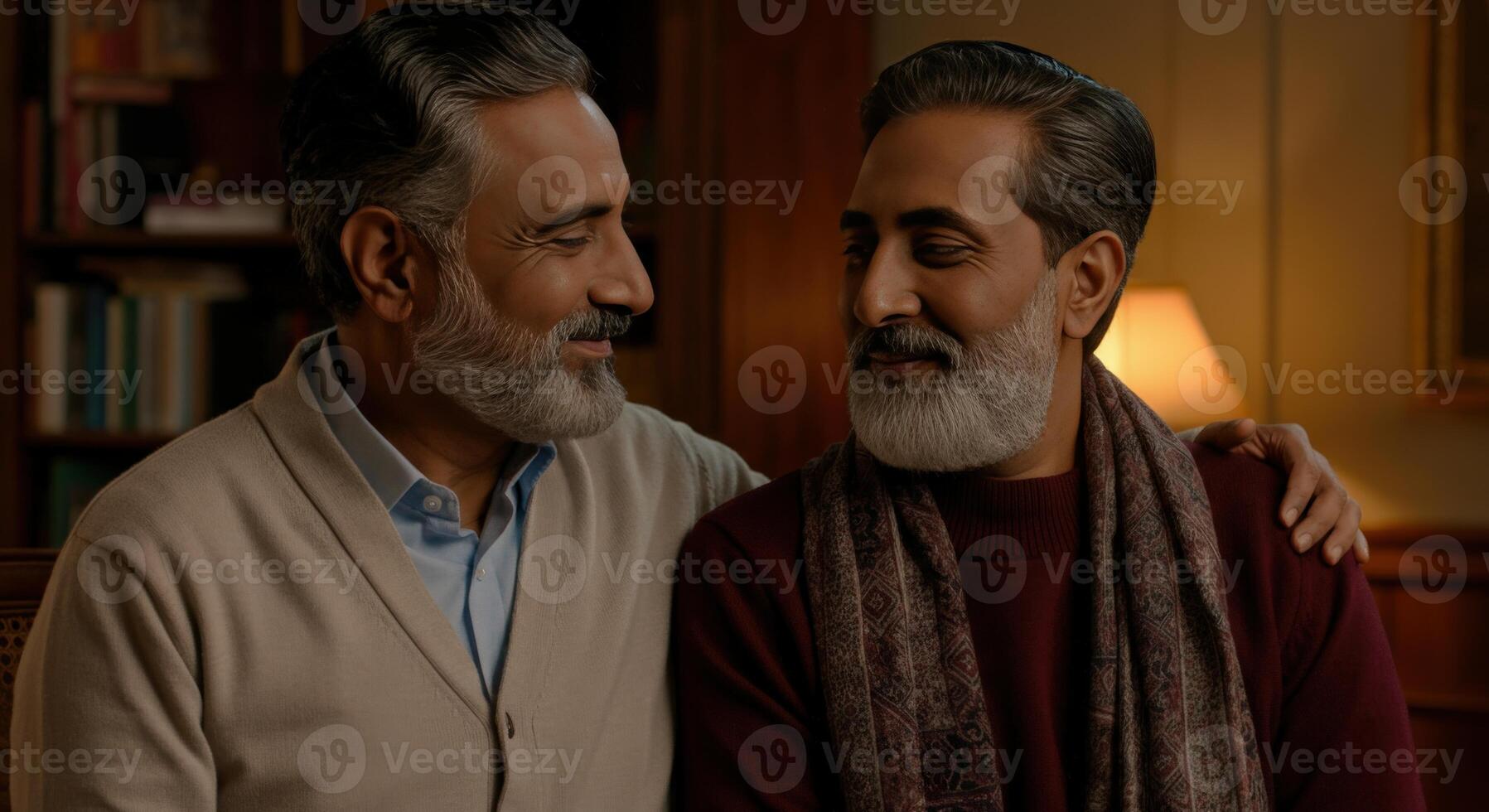 Mature south asian male couple sharing a warm moment in cozy home setting photo