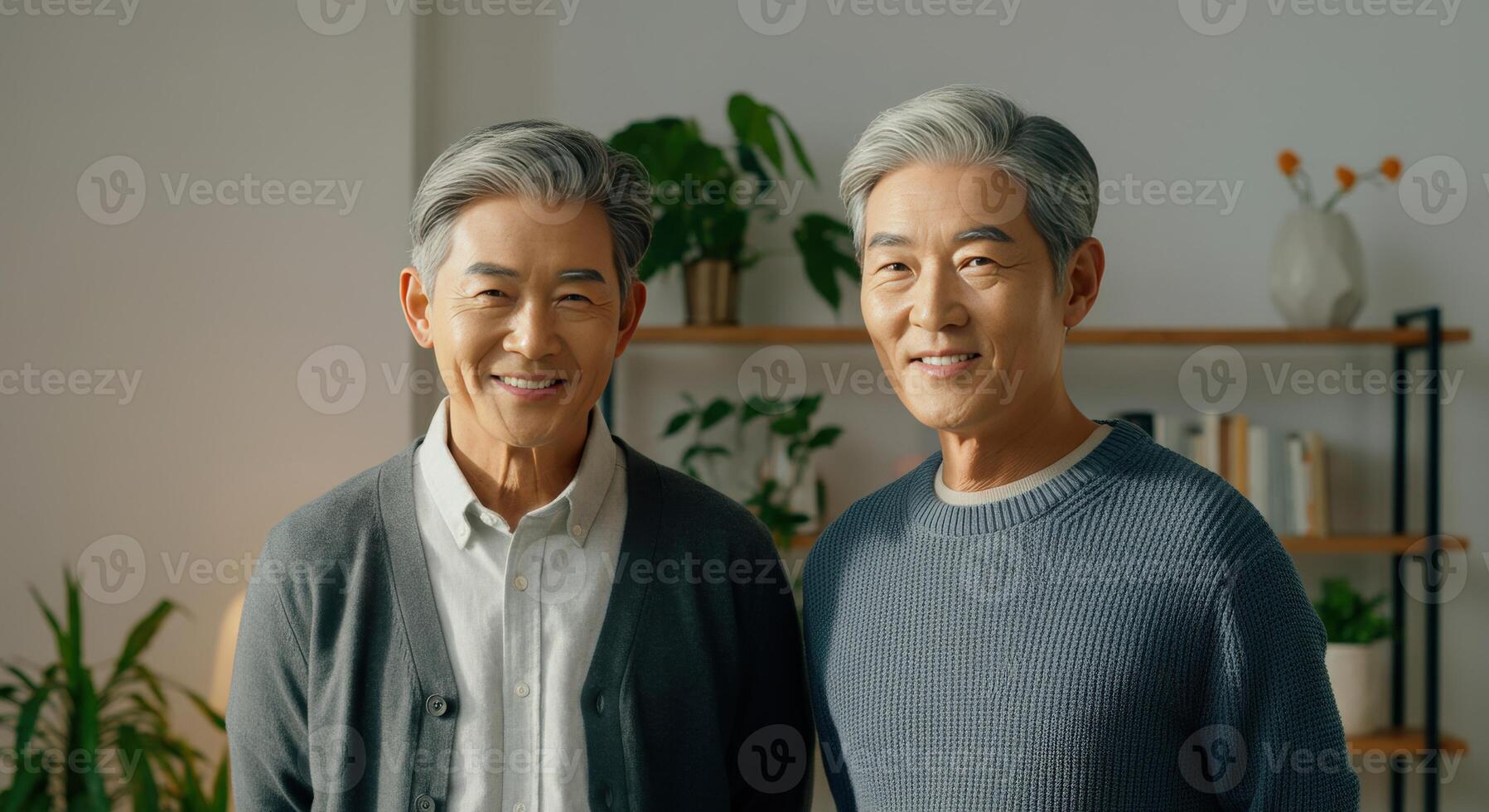 Elderly asian men smiling in cozy living room with houseplants in background photo