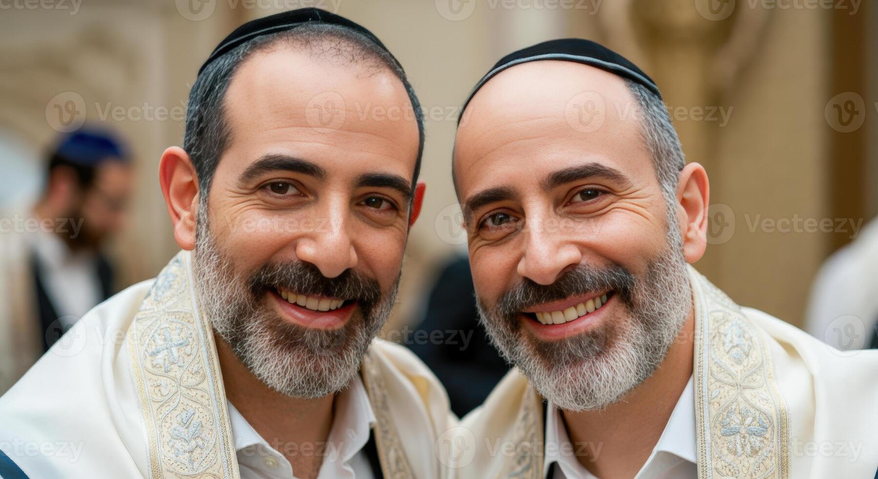 Joyful caucasian adult men celebrating tradition in cultural attire photo