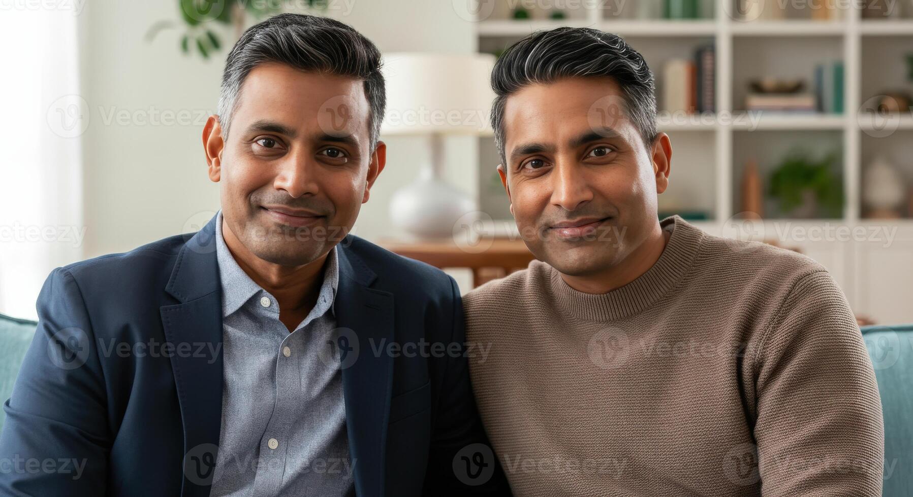 Two mature south asian men smiling together in a cozy living room setting photo