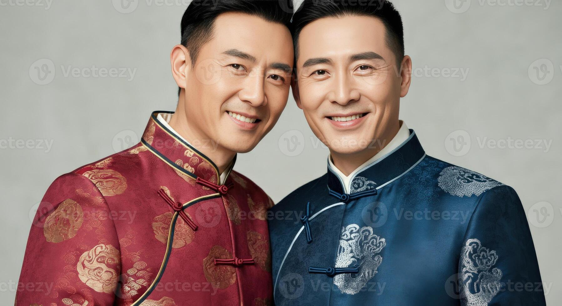 Smiling asian male couple in traditional attire embracing diversity and culture photo