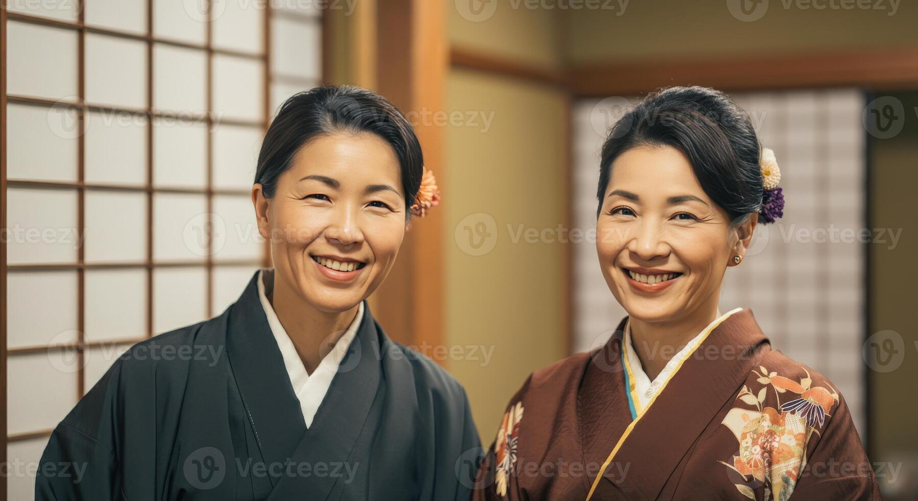 Traditional japanese fashion and culture featuring two mature asian females in kimonos photo