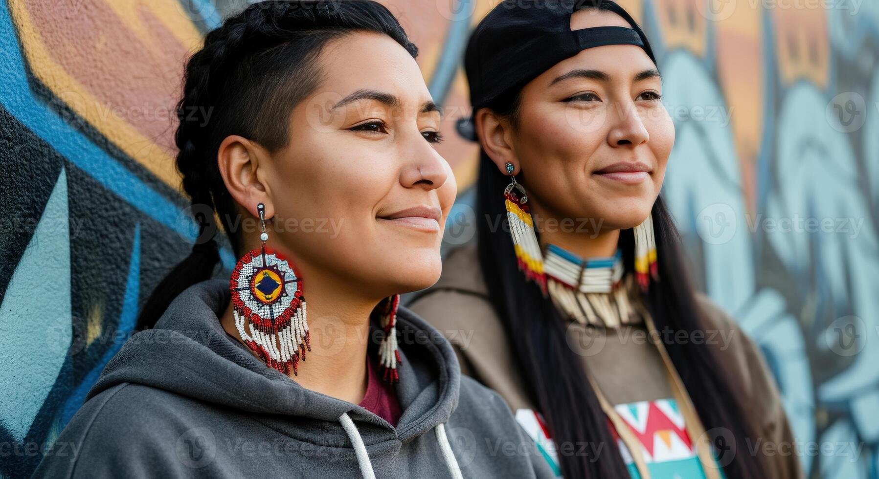 Urban vibes and culture. young native american women with beaded jewelry in vibrant graffiti setting photo