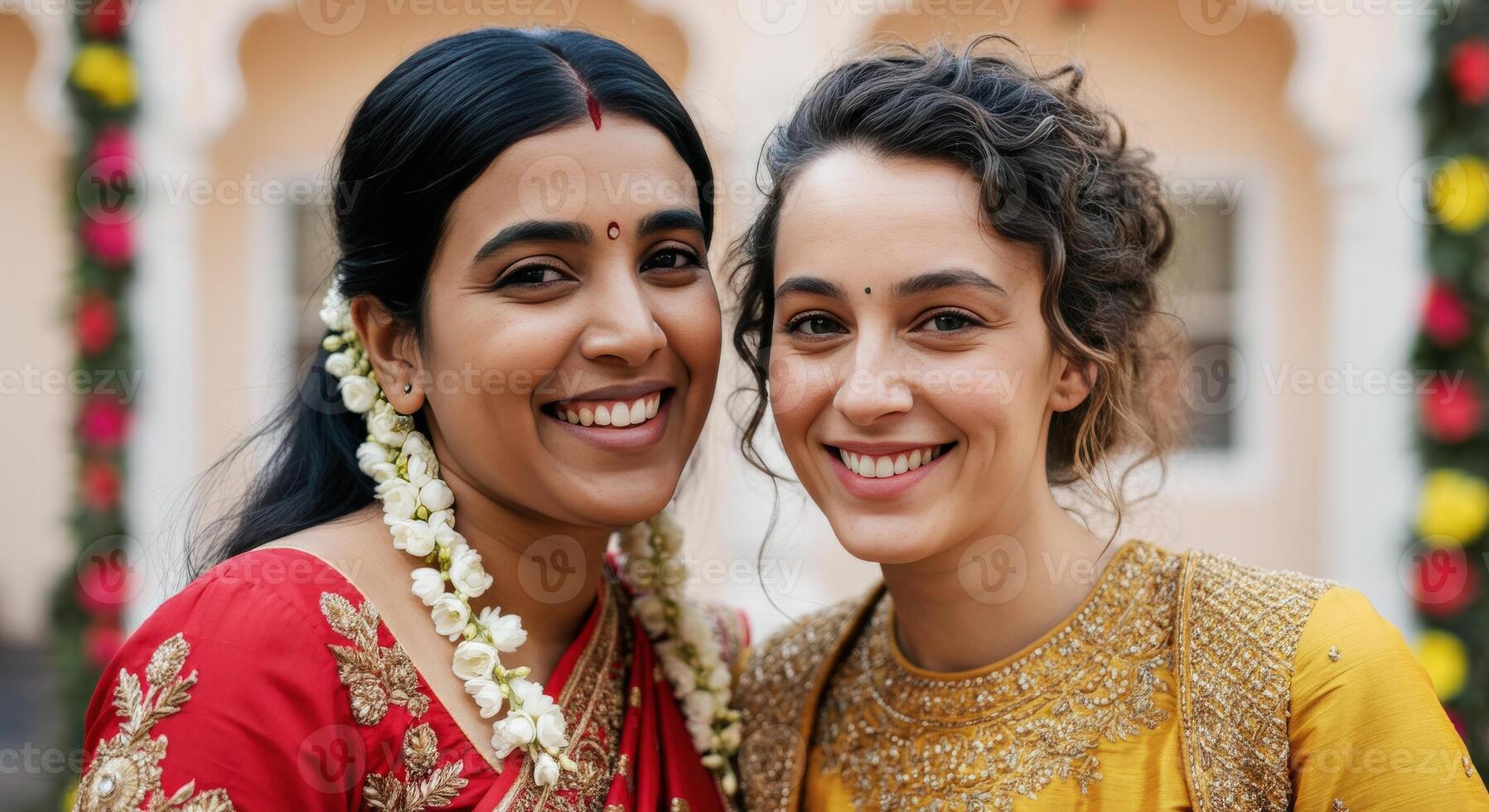 Celebration of friendship with diverse women in traditional attire for cultural festivities and joyful gatherings photo