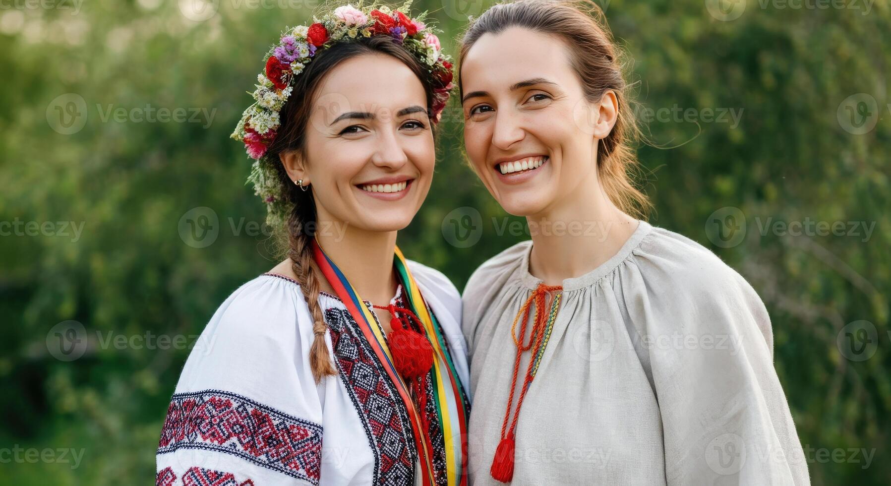 Joyful female friendship in traditional eastern european attire celebrating nature photo