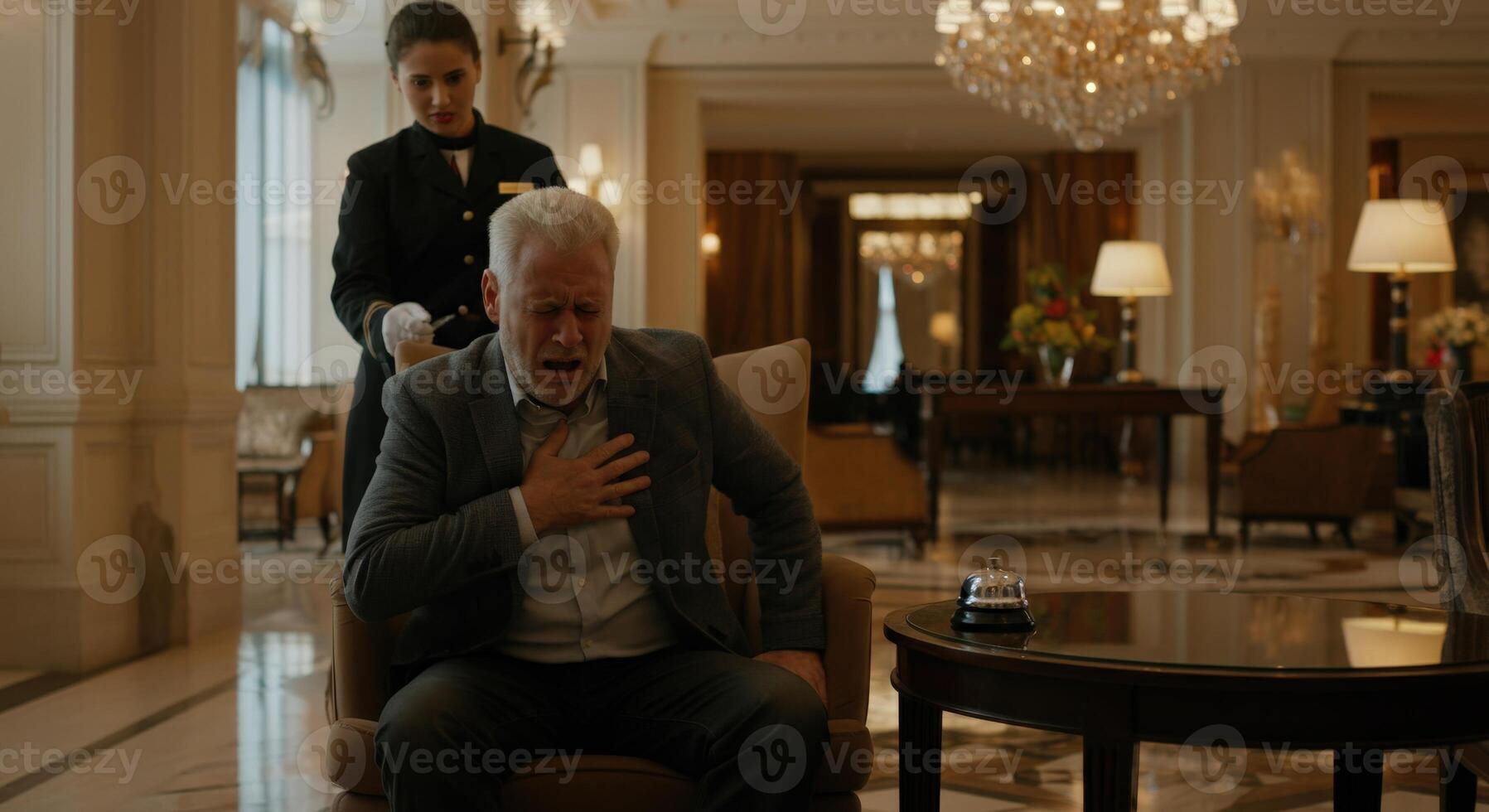 Elderly caucasian man experiencing chest pain in luxury hotel lobby with caring assistance photo
