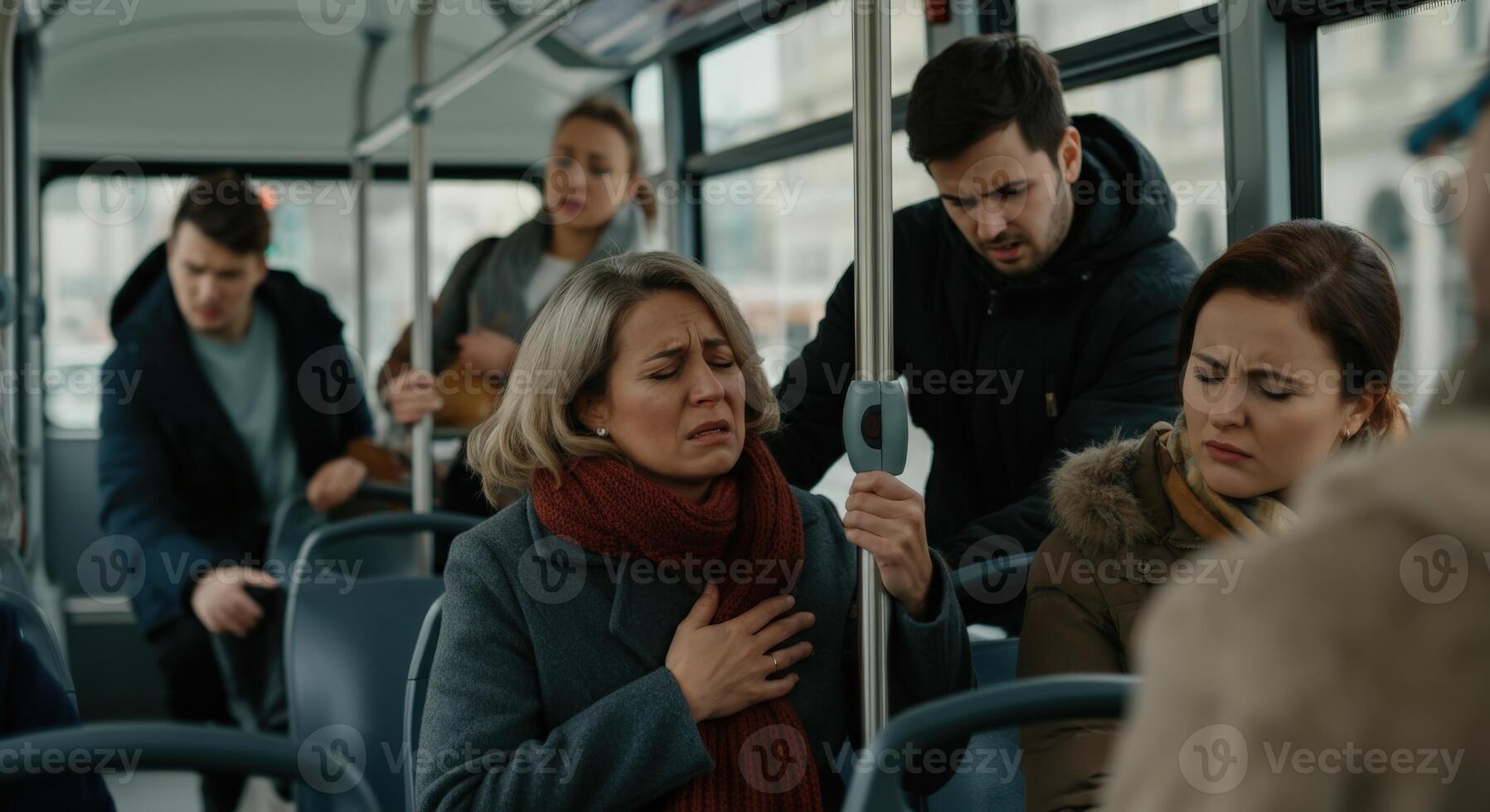 Urban commute conflict with diverse passengers in tense exchange on crowded bus photo