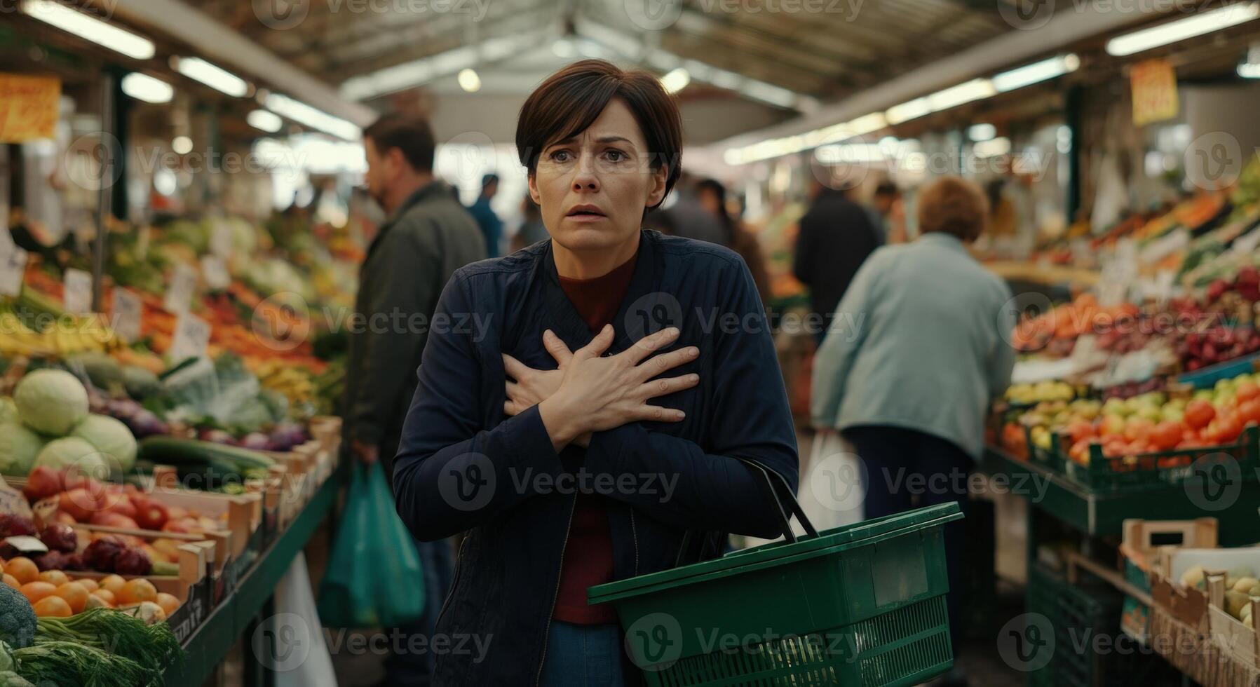 Anxious female shopper in busy market aisle, exploring overwhelmed emotions photo