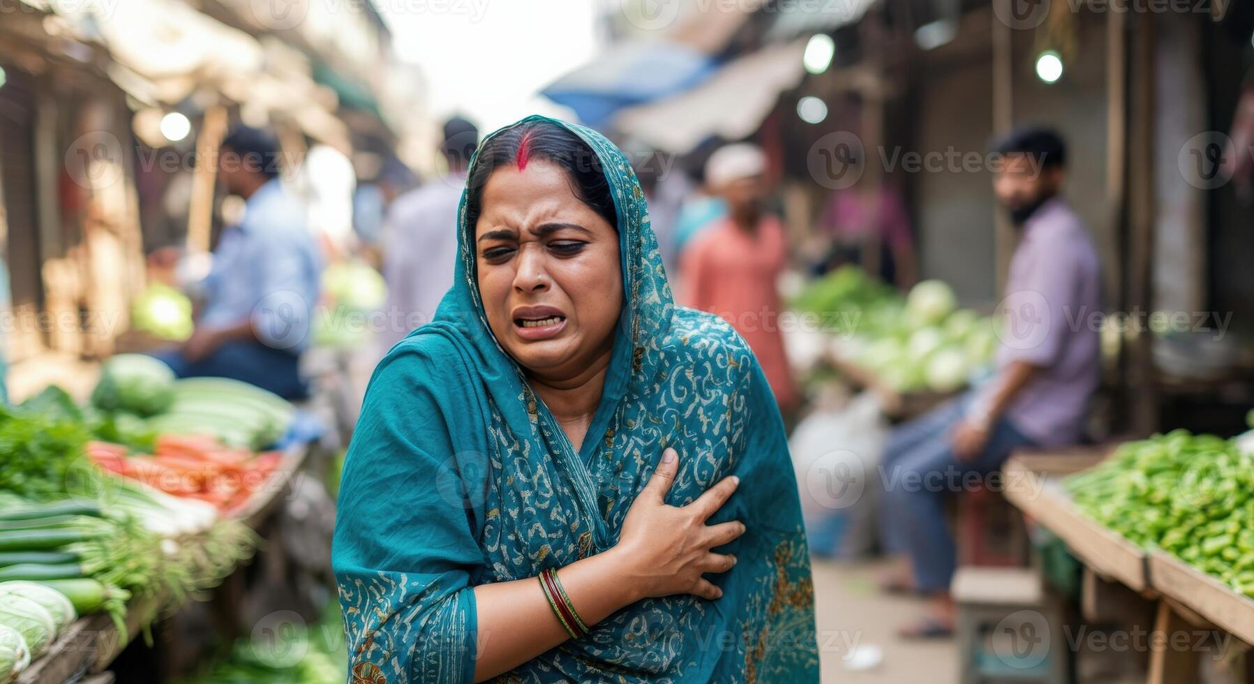 Worried indian woman in traditional saree navigating bustling market street photo