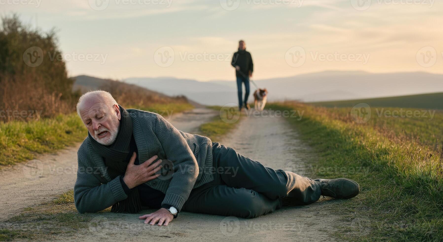 Elderly caucasian man experiencing chest pain on rural pathway with approaching young adult and dog photo