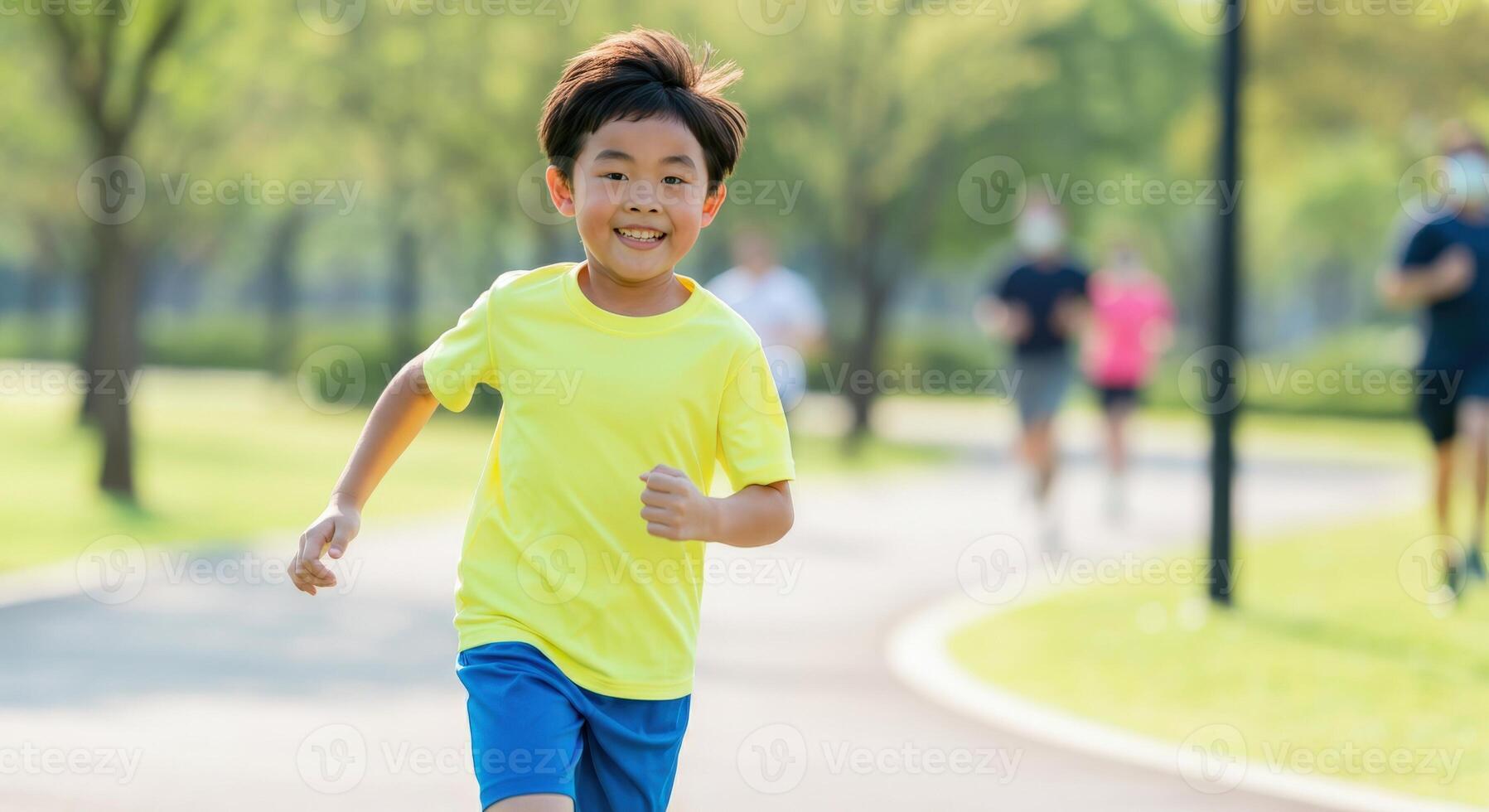 Joyful asian child running in park on sunny day for outdoor fun and exercise photo