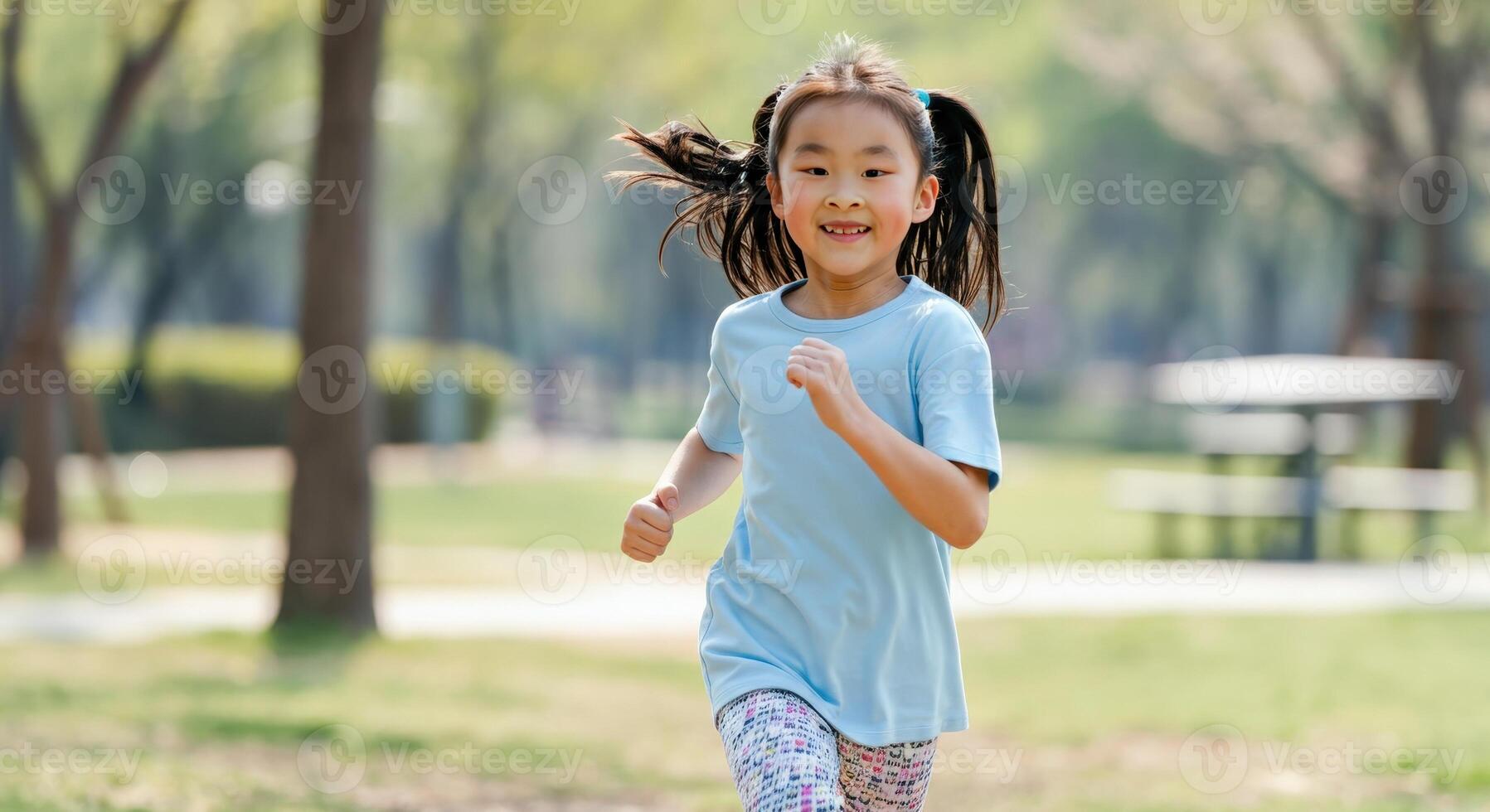 Energetic young asian girl enjoying a run in a lush park environment photo