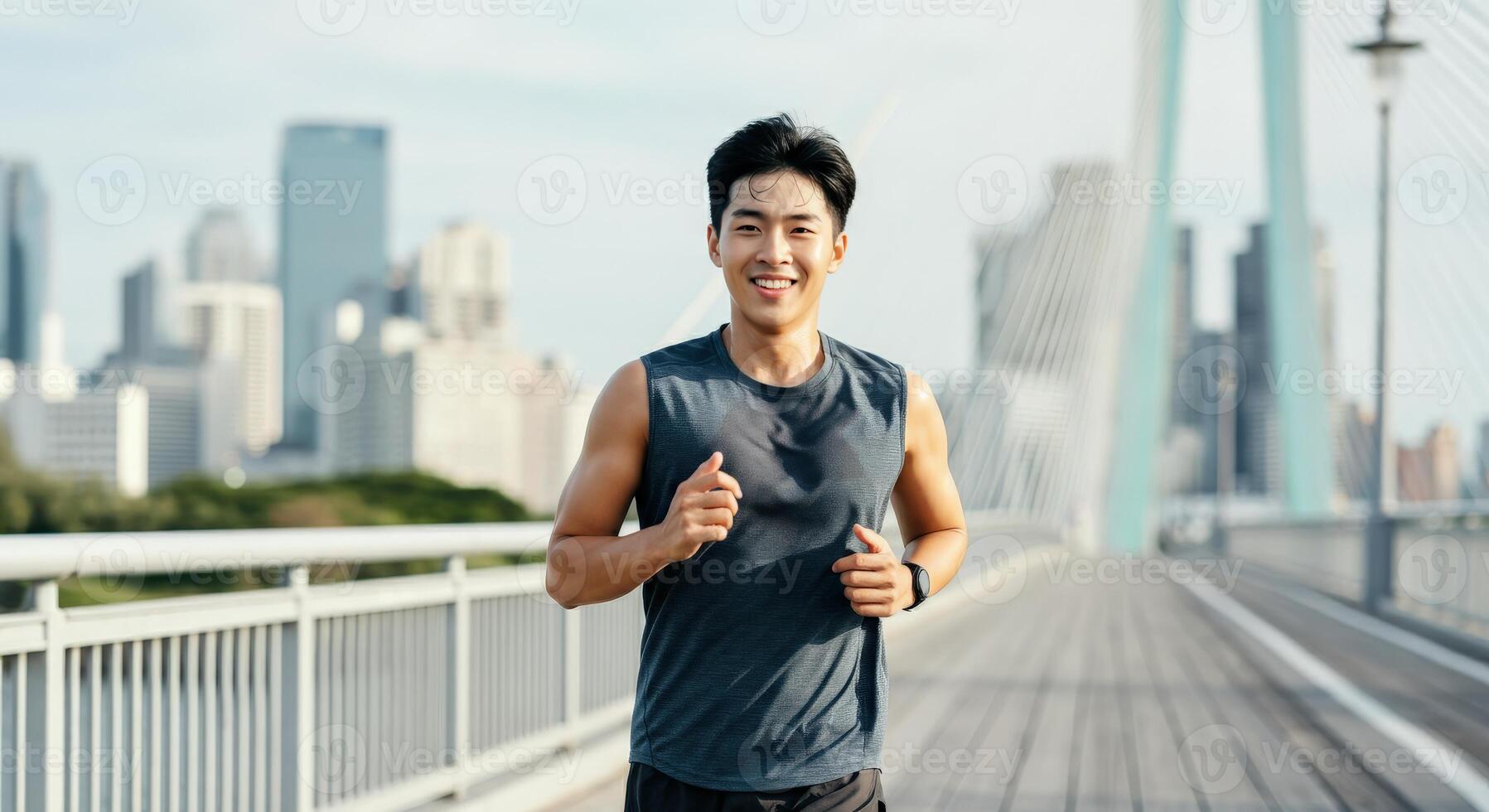 Young asian male jogger smiling on urban bridge with city skyline in background photo