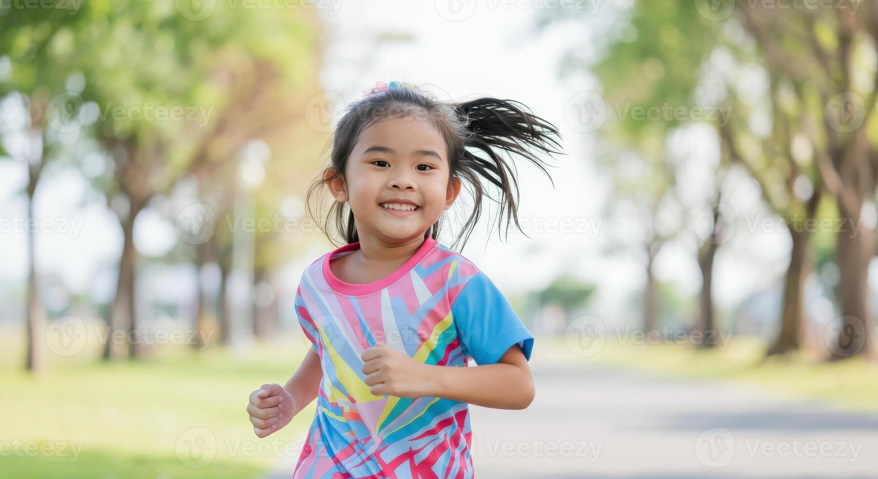 Joyful asian child running in park on a sunny day photo