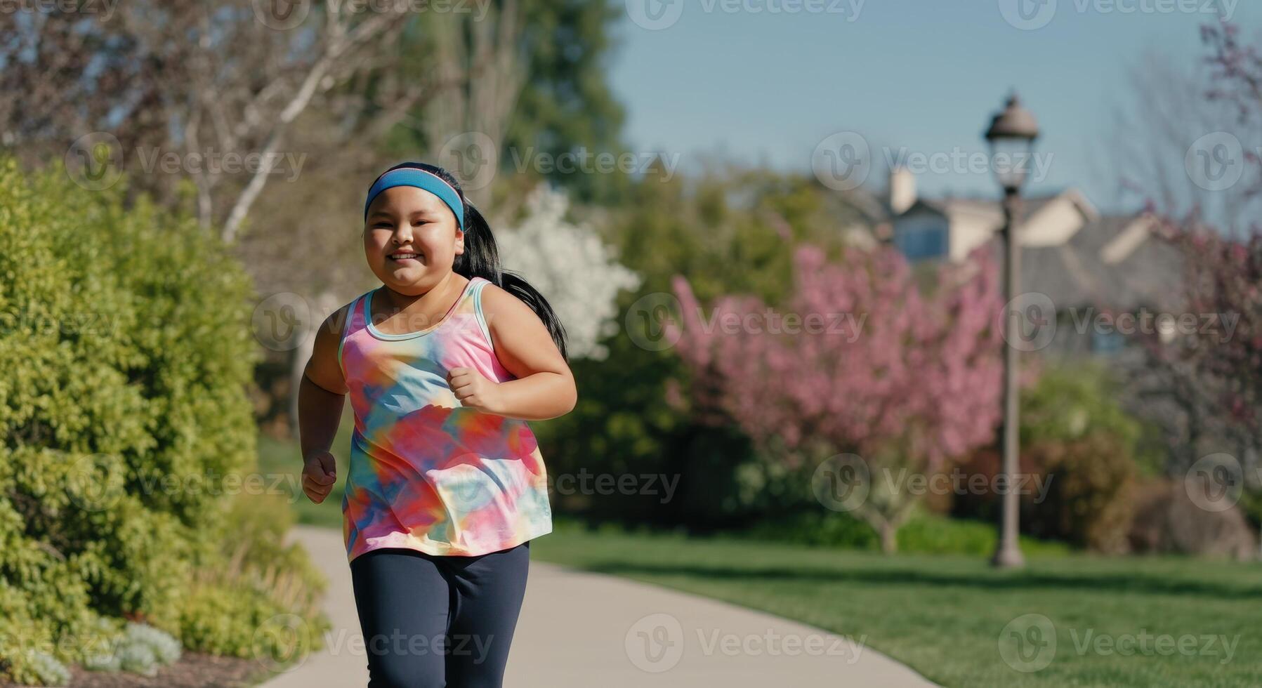 Young asian girl enjoying outdoor spring run amid blooming trees and lush greenery photo