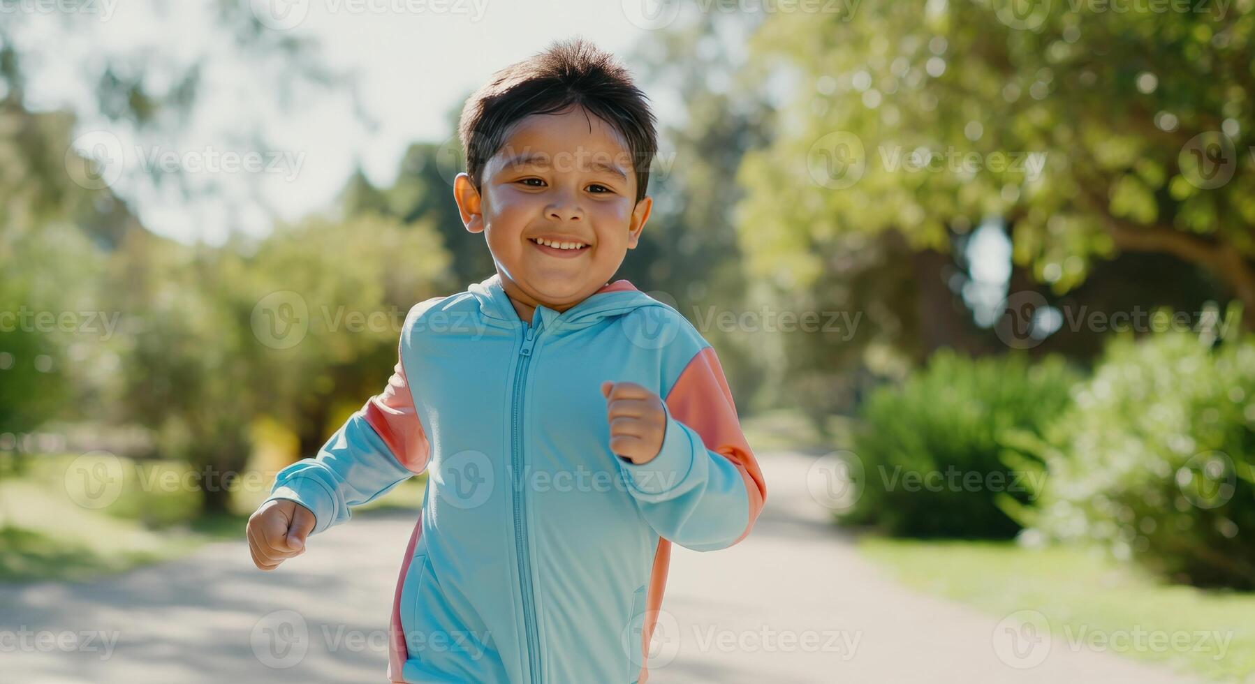 Joyful hispanic child running in a parkful outdoor setting on a sunny day photo