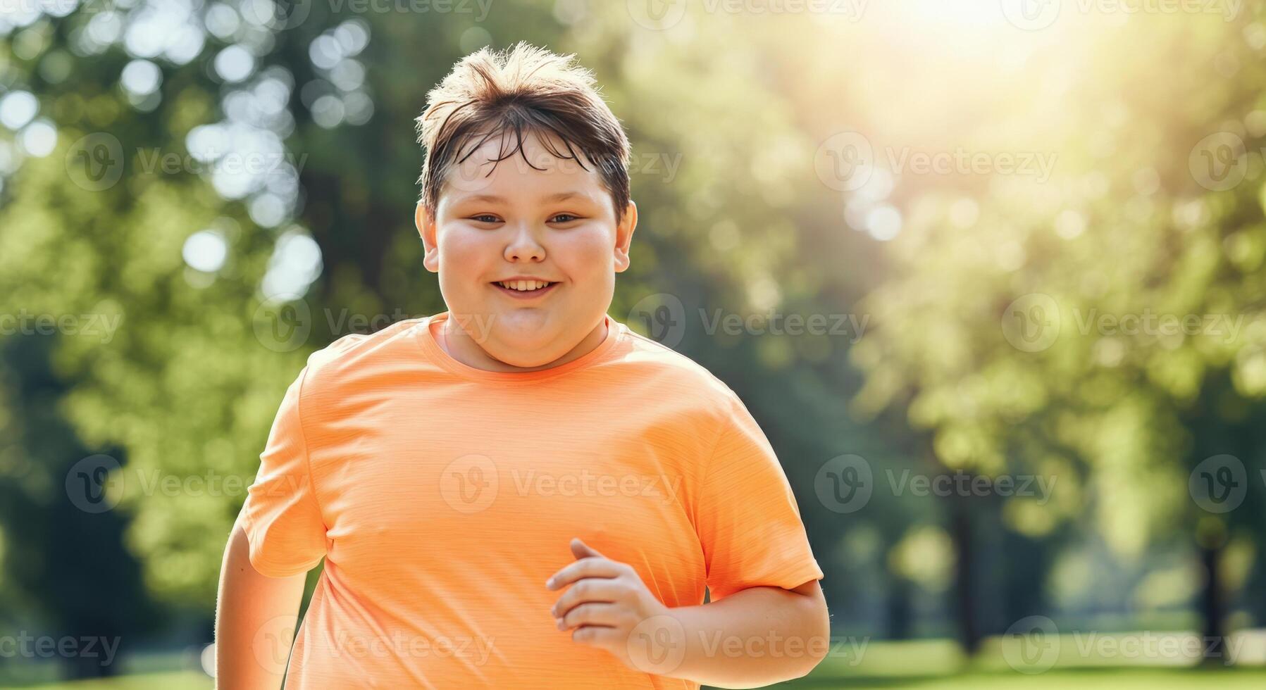 Young caucasian boy enjoying outdoor exercise in sunlit park photo