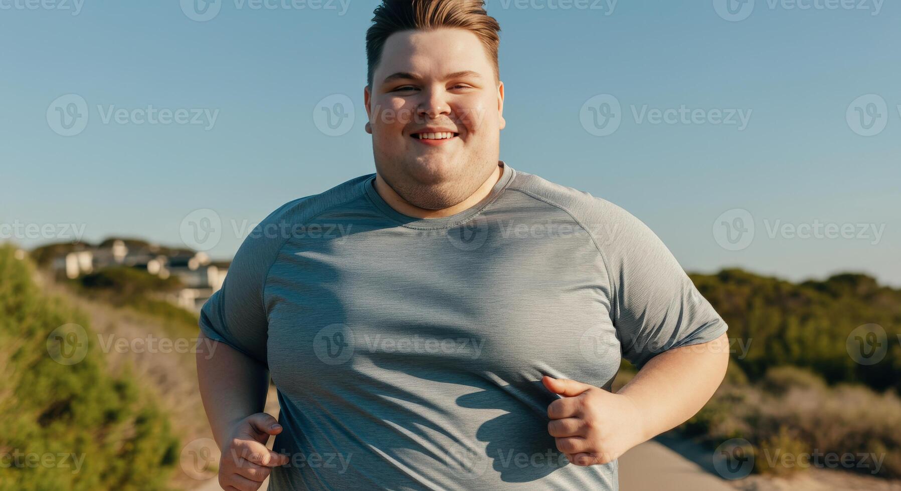 Happy young caucasian male jogging outdoors for a healthy lifestyle and fitness routine photo