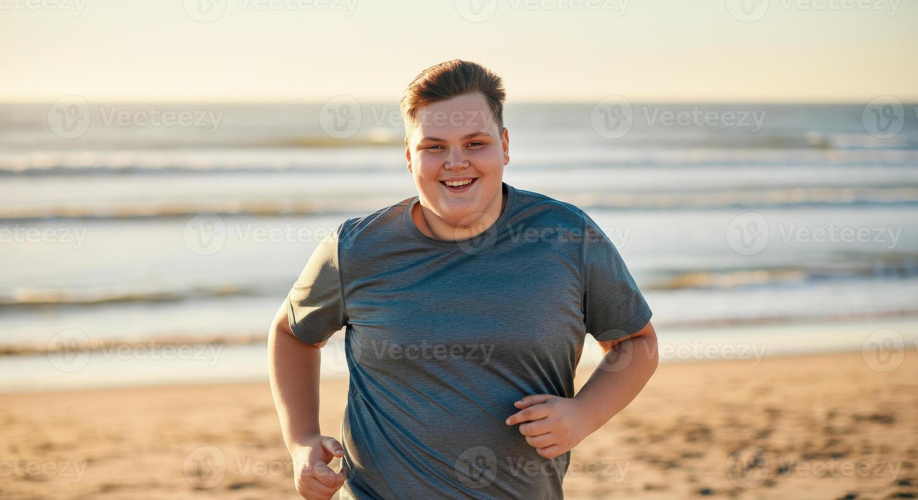 Young caucasian male running on beach at sunset for fitness and wellness inspiration photo