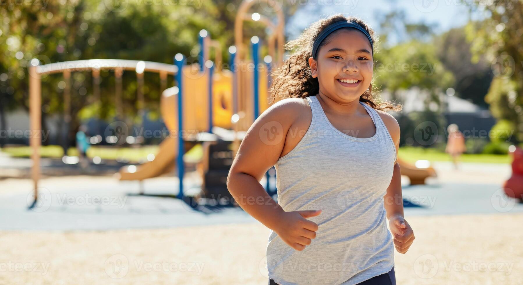 Young hispanic girl enjoying a run at the playground photo