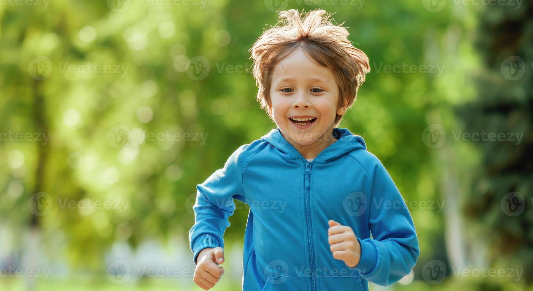Joyful caucasian child running in park on a sunny day photo