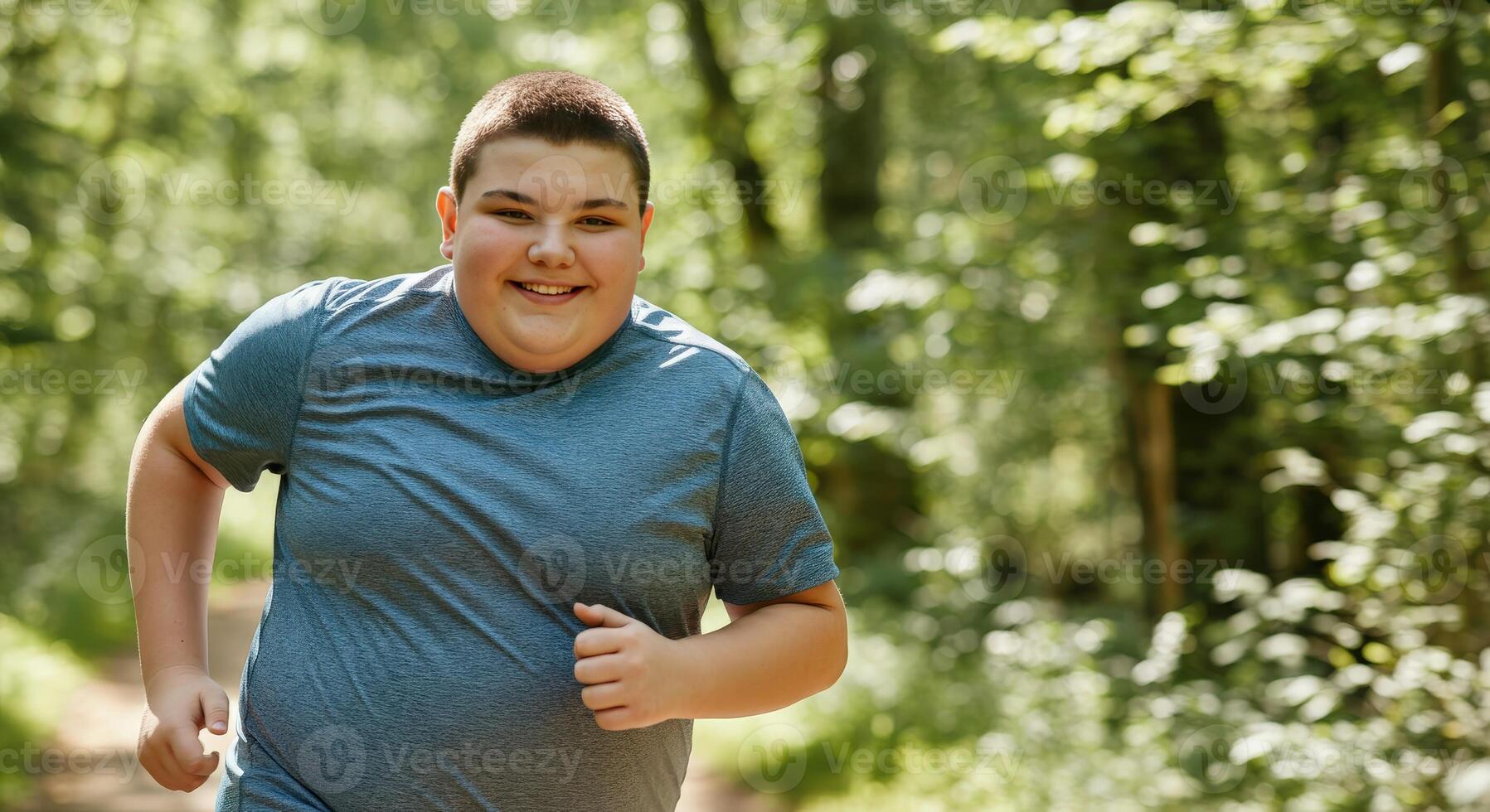Young caucasian male enjoying a run in sunlit forest, promoting healthy lifestyle and fitness photo
