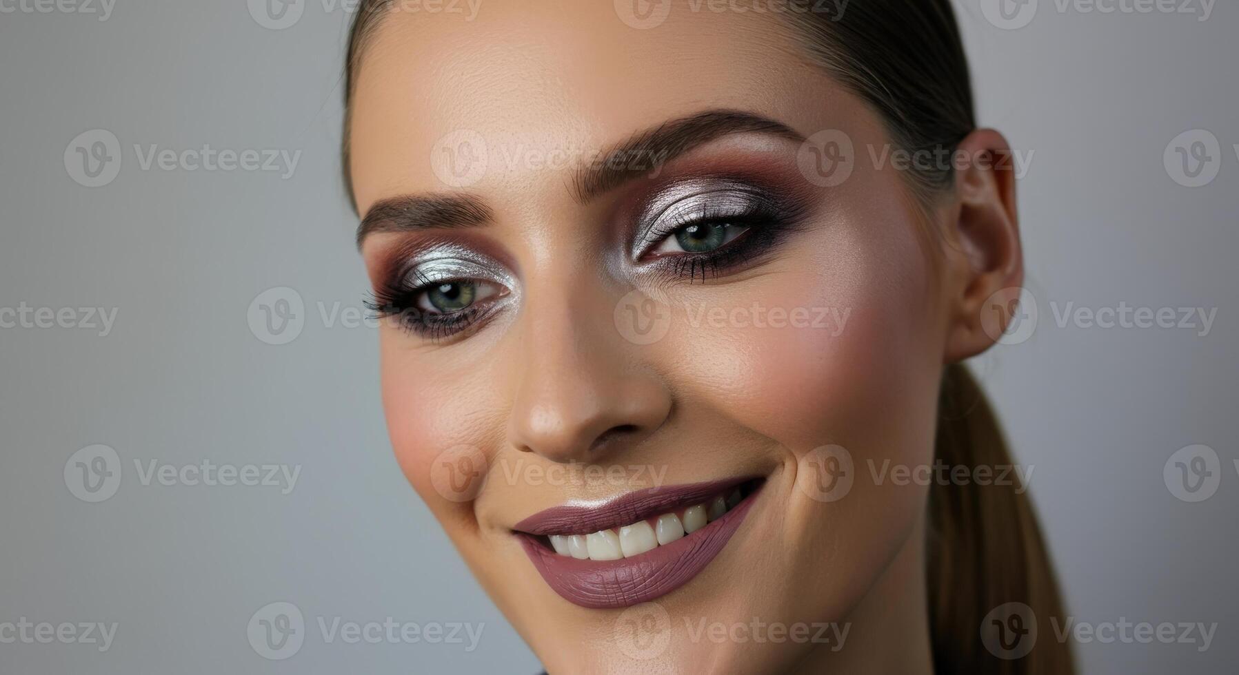 Glamorous beauty portrait of young caucasian female with metallic eye makeup photo