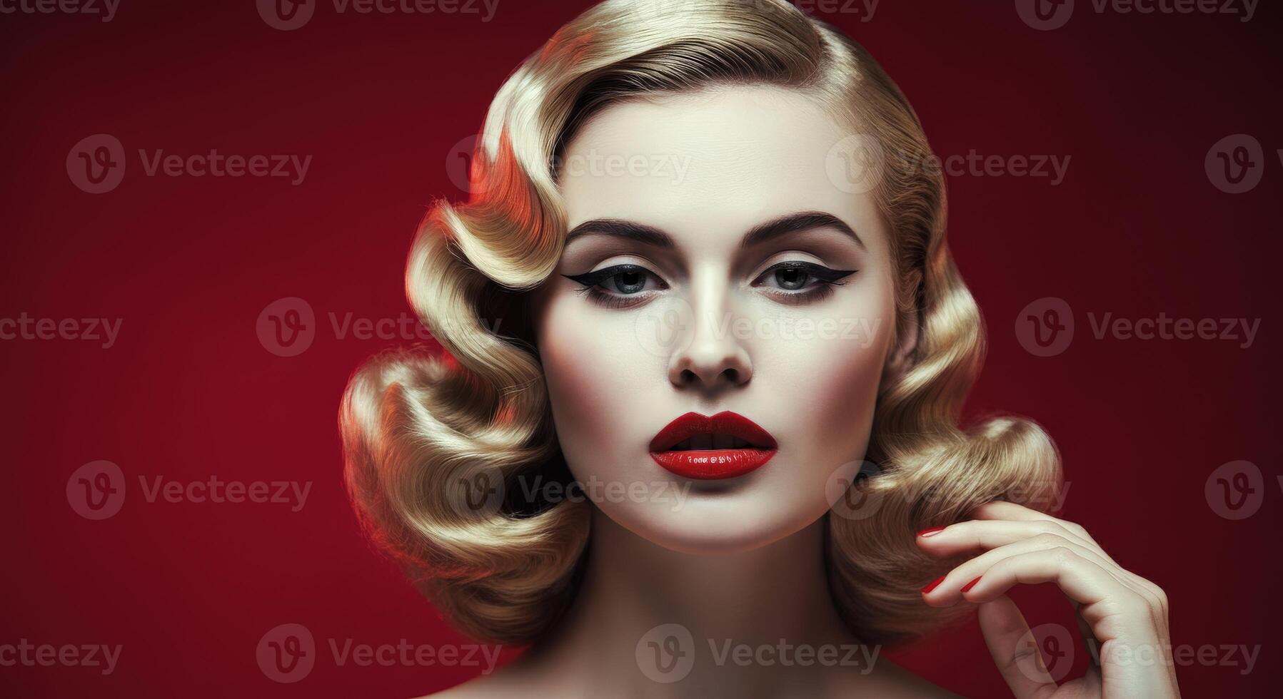 Glamorous portrait of a caucasian female with vintage hairstyle and bold makeup photo