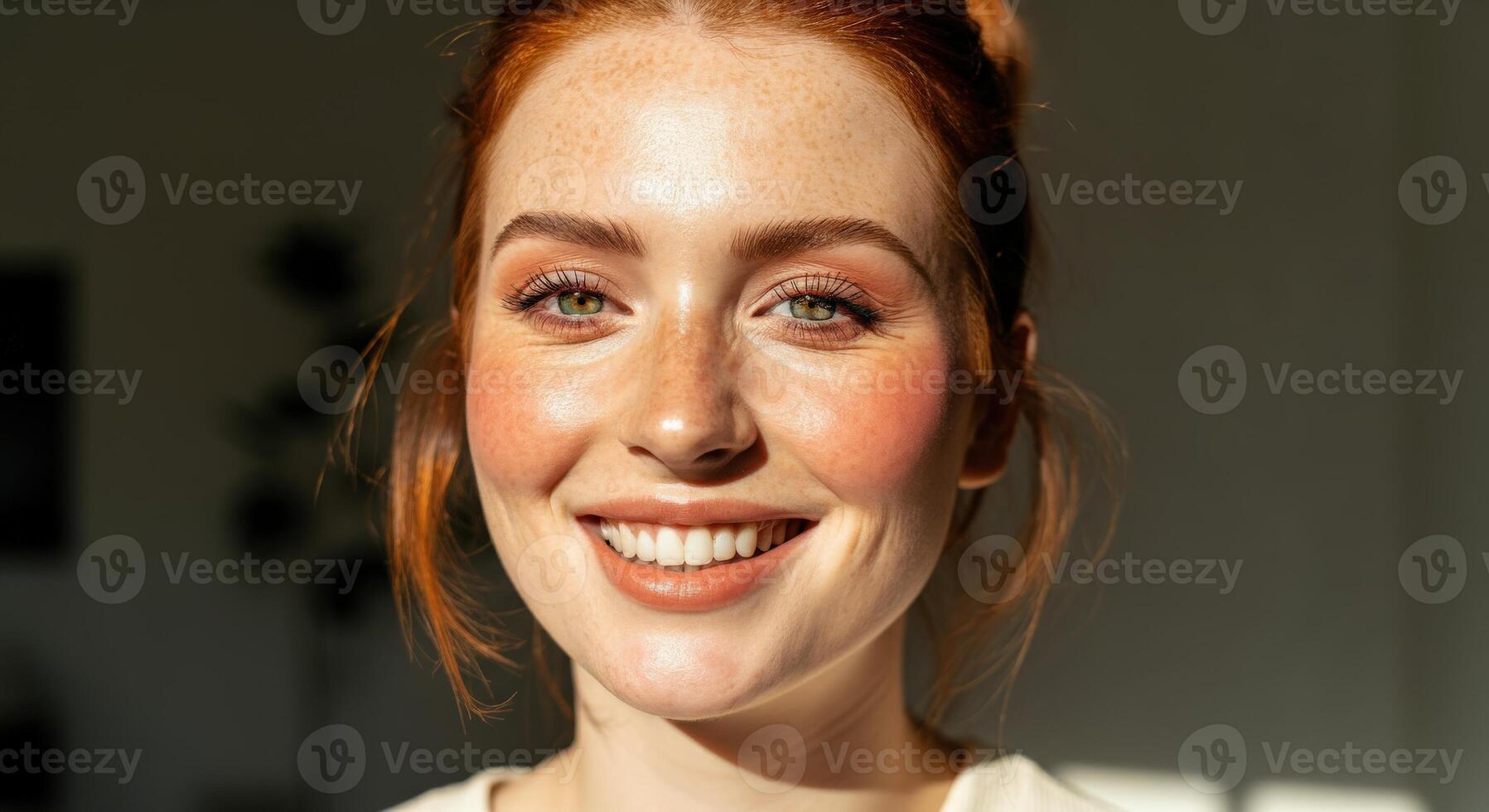Radiant portrait of young caucasian female with red hair in warm sunlight photo