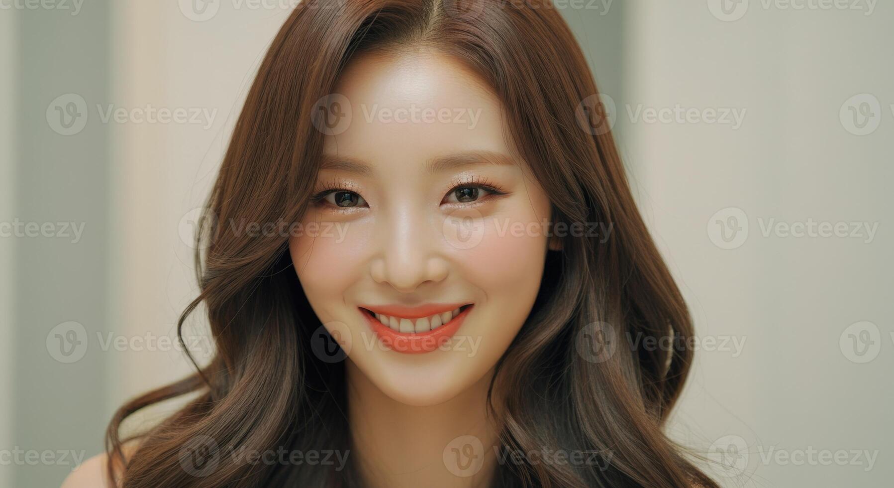 Radiant smiling young asian female with long hair in elegant setting photo