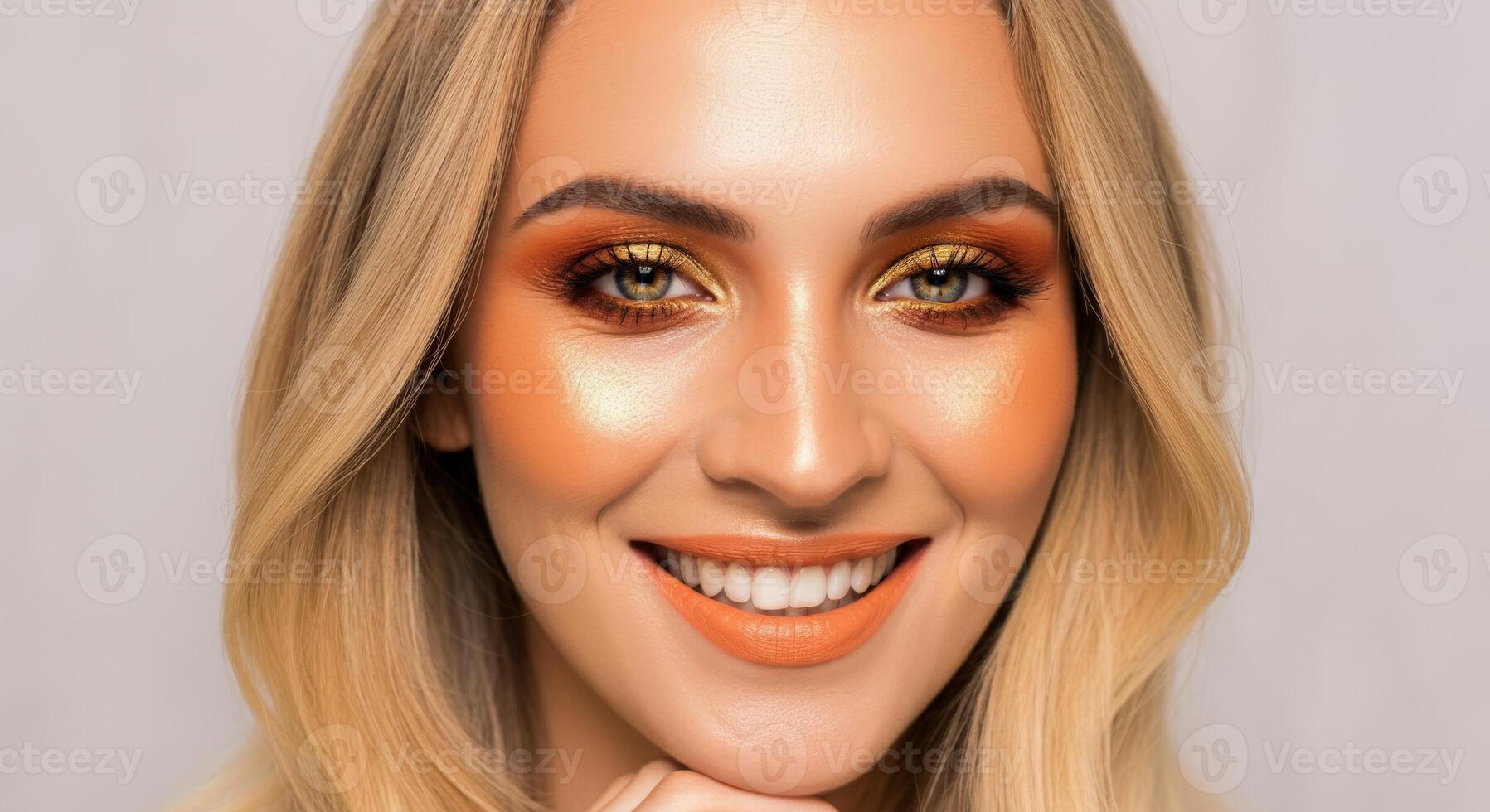 Vibrant makeup on young blonde female with shimmery orange eyeshadow and glossy lips photo