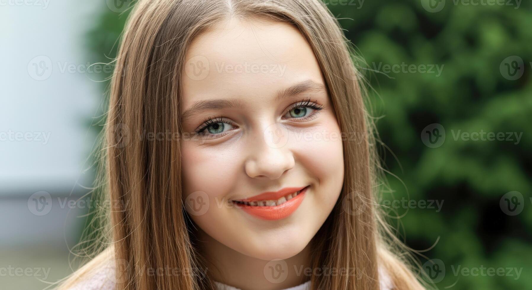Portrait of a young caucasian female with long hair and bright smile in outdoor setting photo