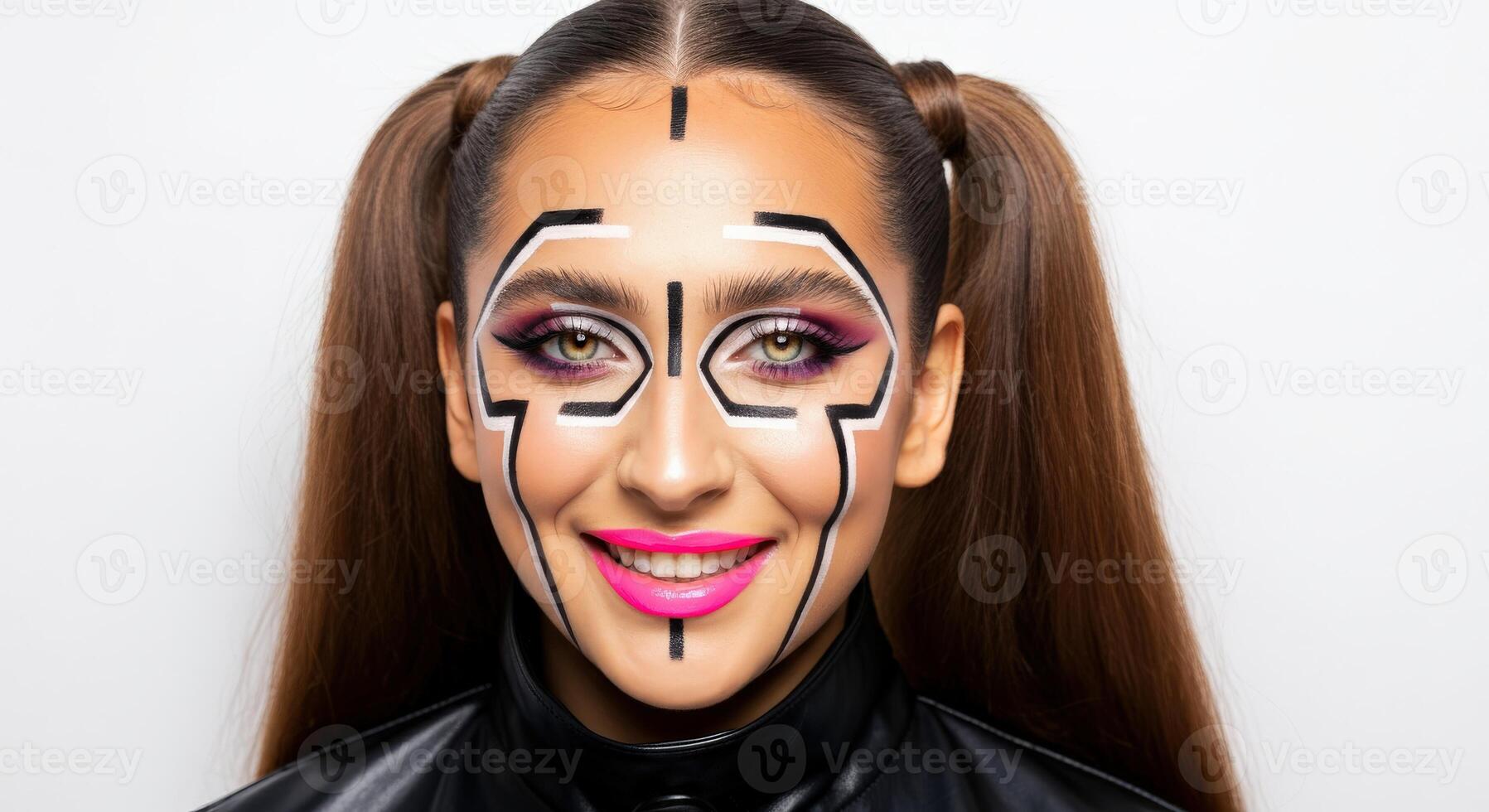 Futuristic makeup on young hispanic woman with unique graphic design photo