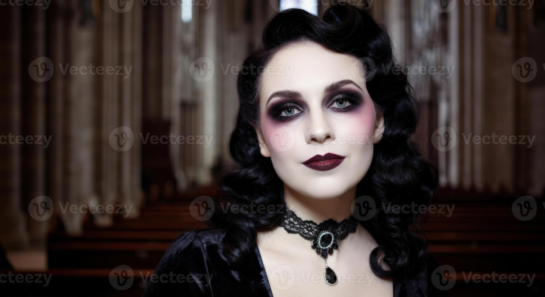 Gothic elegance in cathedral setting with mysterious female photo