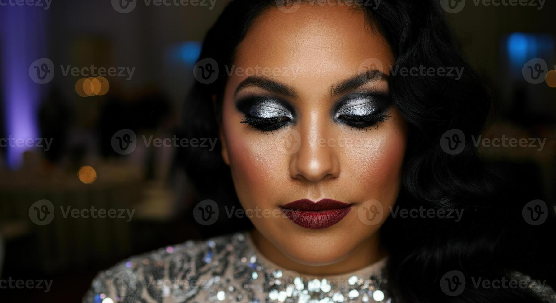 Elegant evening glamour with young hispanic female in sparkling attire and smoky eye makeup photo