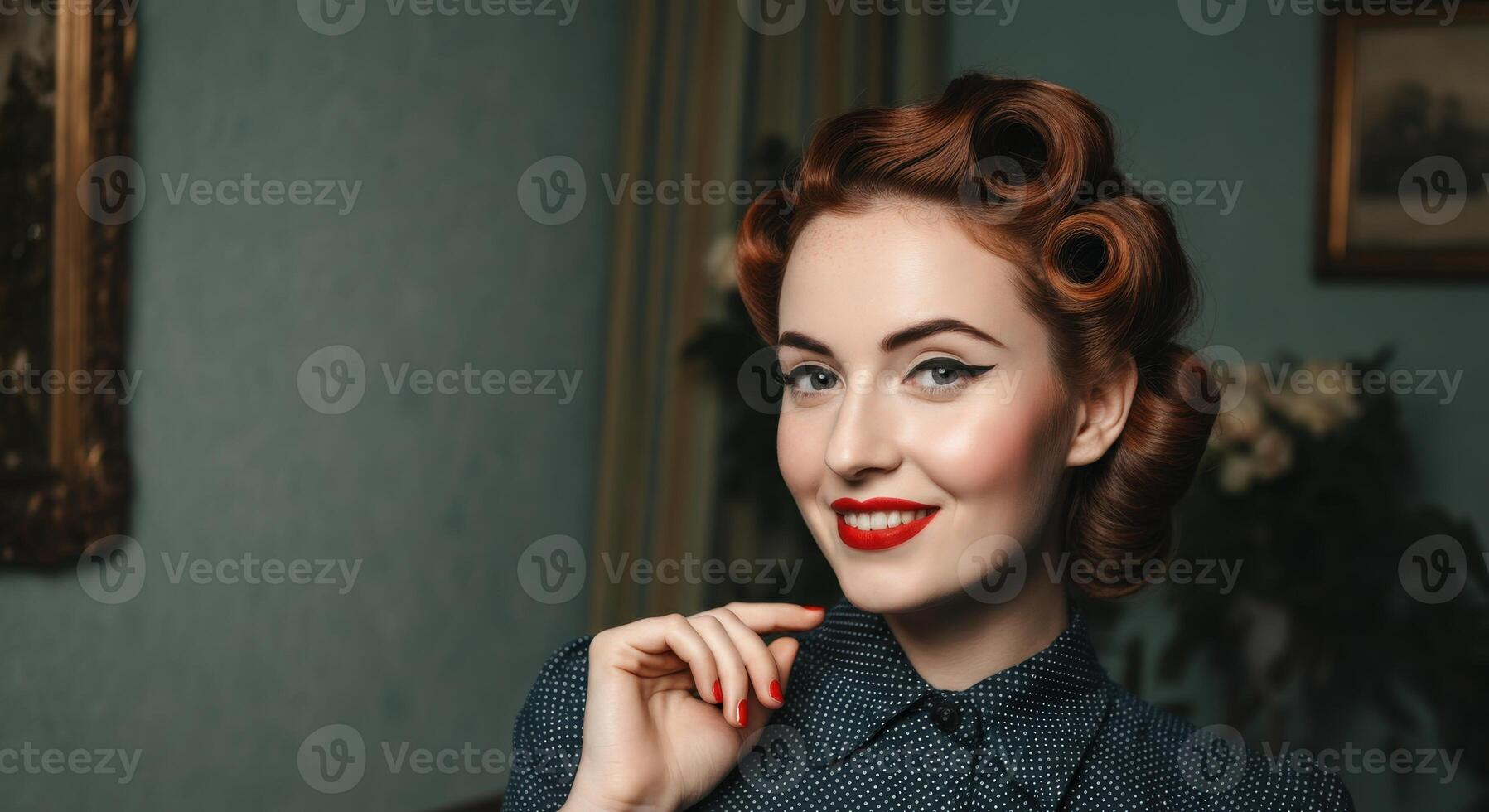 Retro elegance. young caucasian female with vintage hairstyle and red lips photo