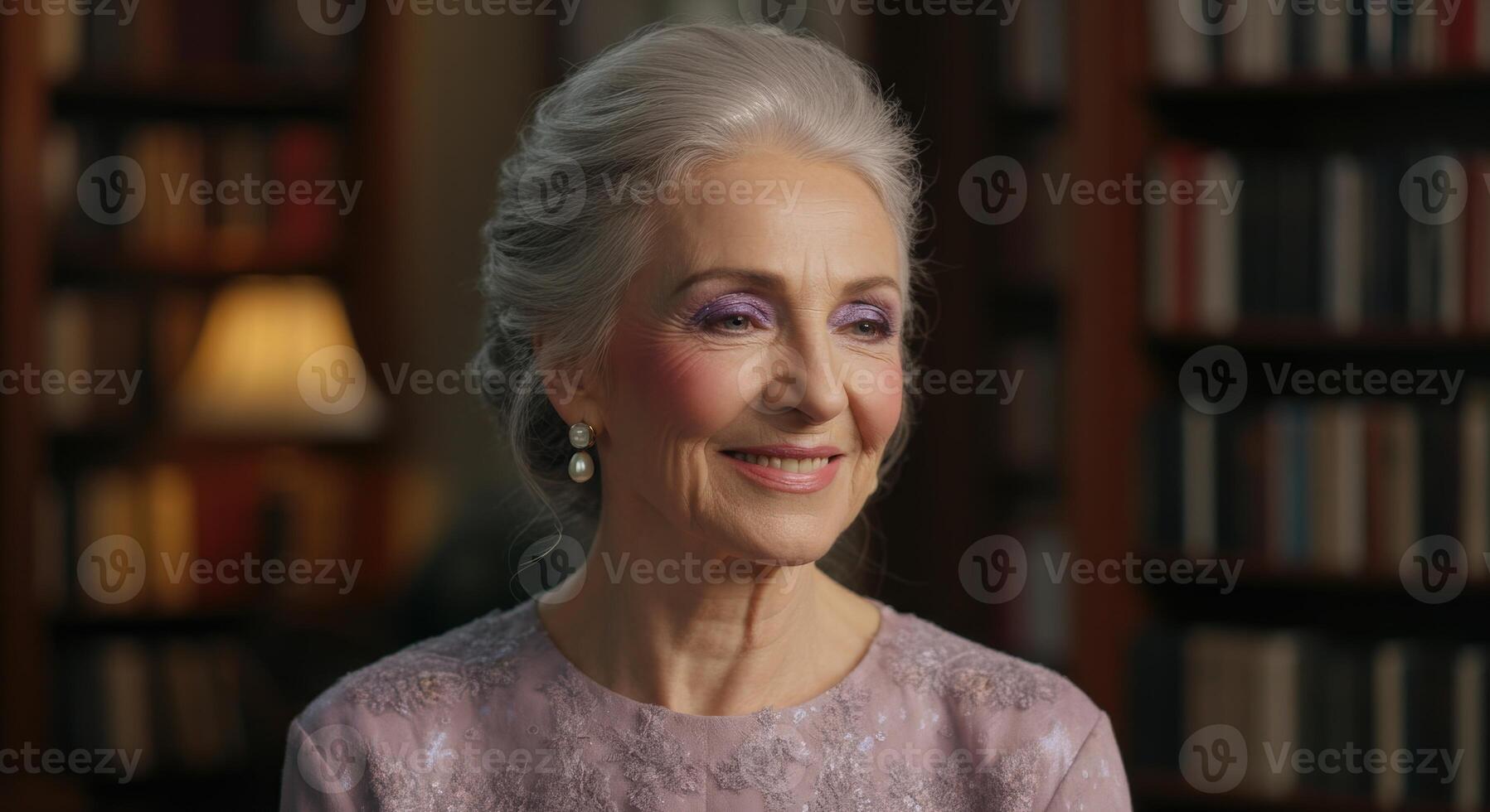 Elegant mature caucasian woman with graceful smile in library setting photo