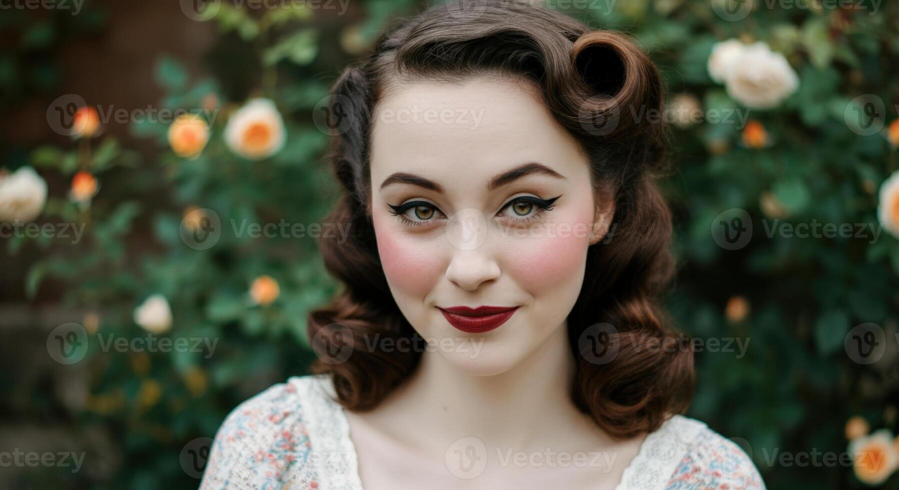 Timeless beauty with retro female elegance and floral backdrop for editorial design photo