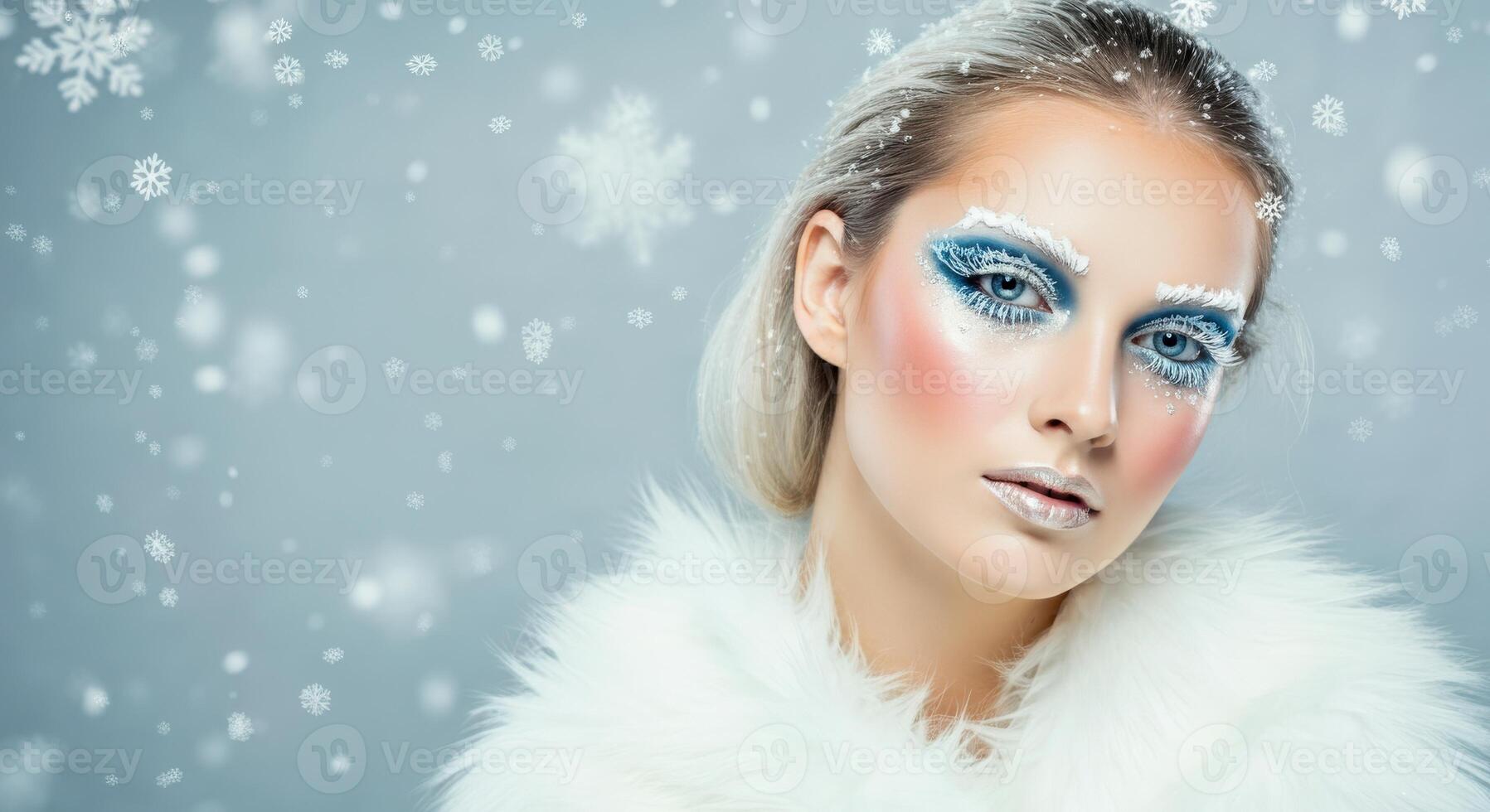 Winter fantasy makeup concept with caucasian female in snowy setting for creative design and art projects photo