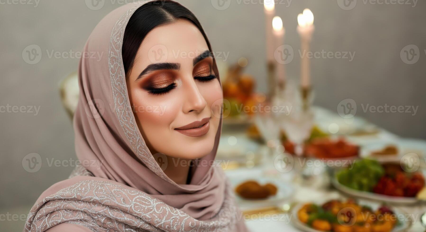 Elegant middle eastern dinner celebration with young woman in traditional attire photo