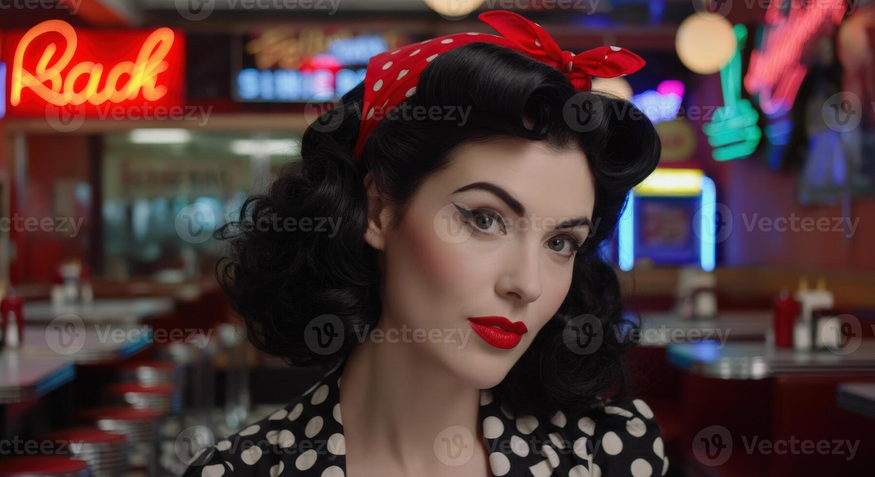 Retro-inspired diner scene with young caucasian female in polka dot outfit and red headband photo