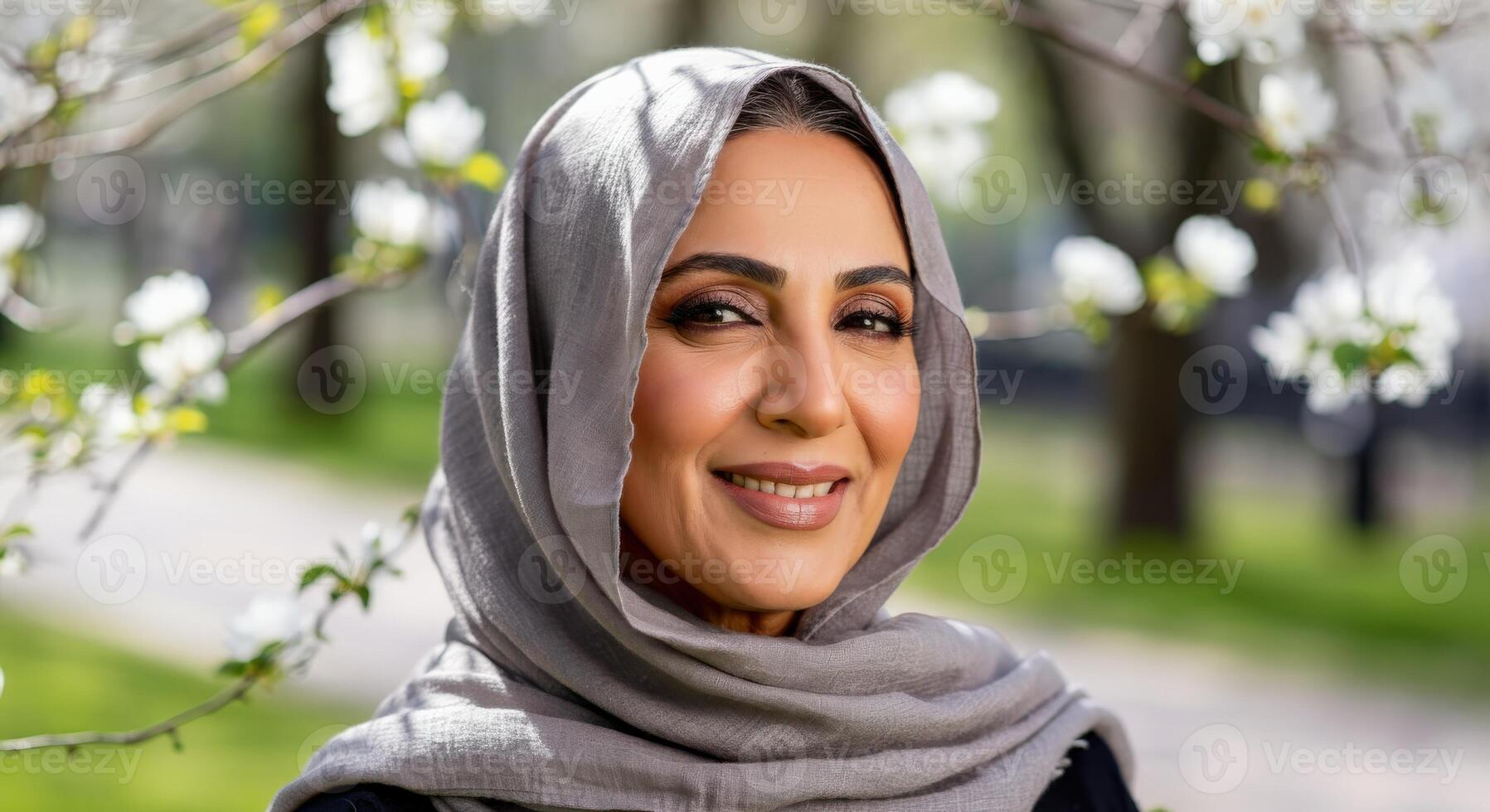 Graceful middle eastern mature woman in nature surrounded by blossoming trees photo