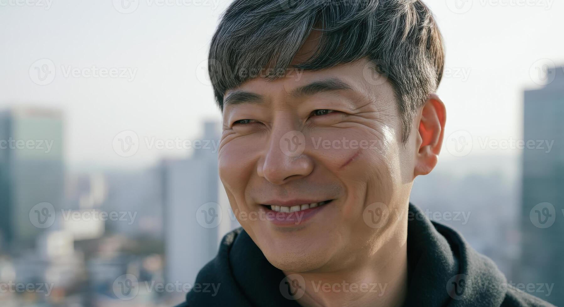 Mature asian male with joyful expression in urban setting photo