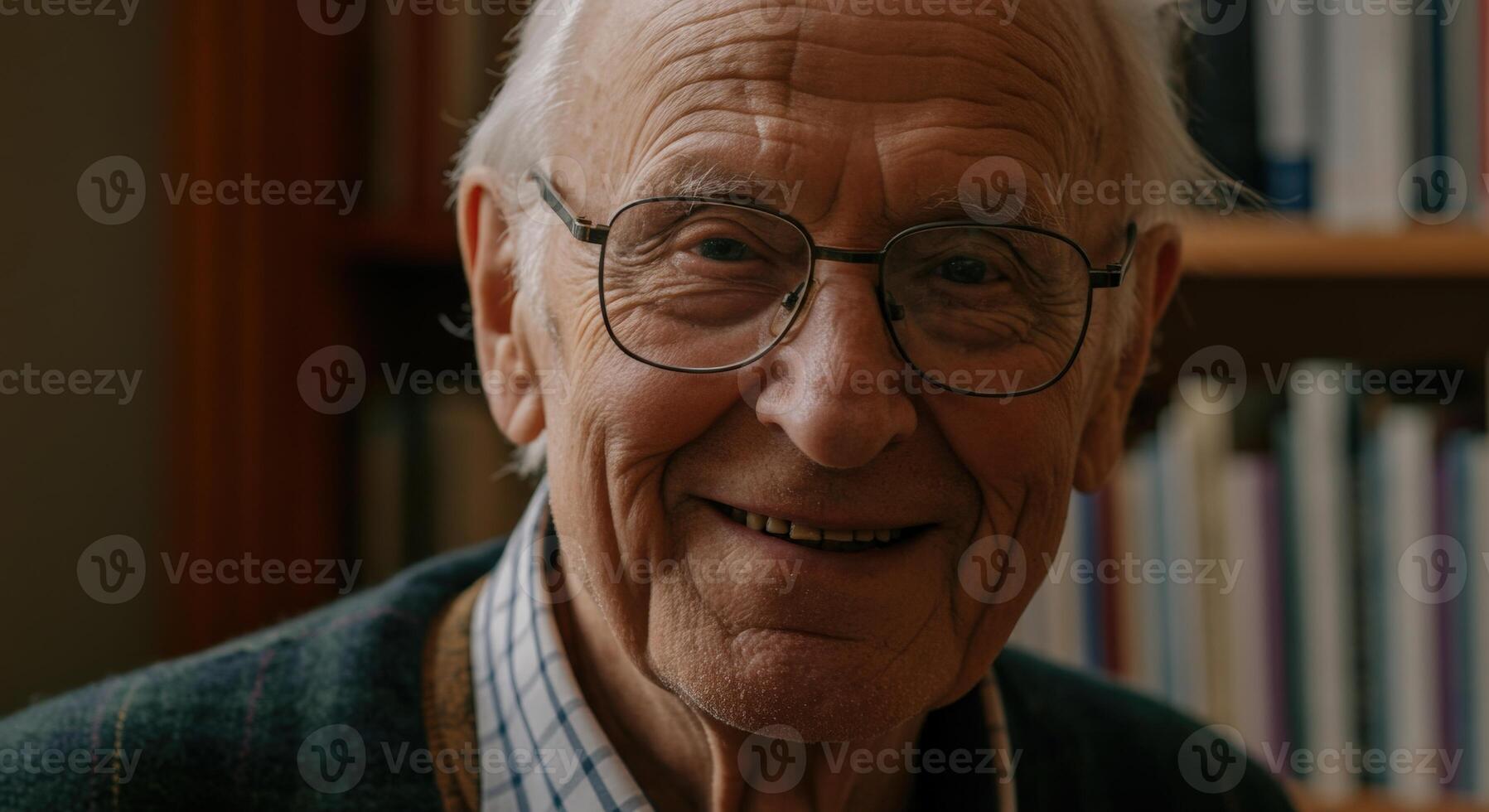 Elderly caucasian man smiling in library setting for inspirational and educational themes photo