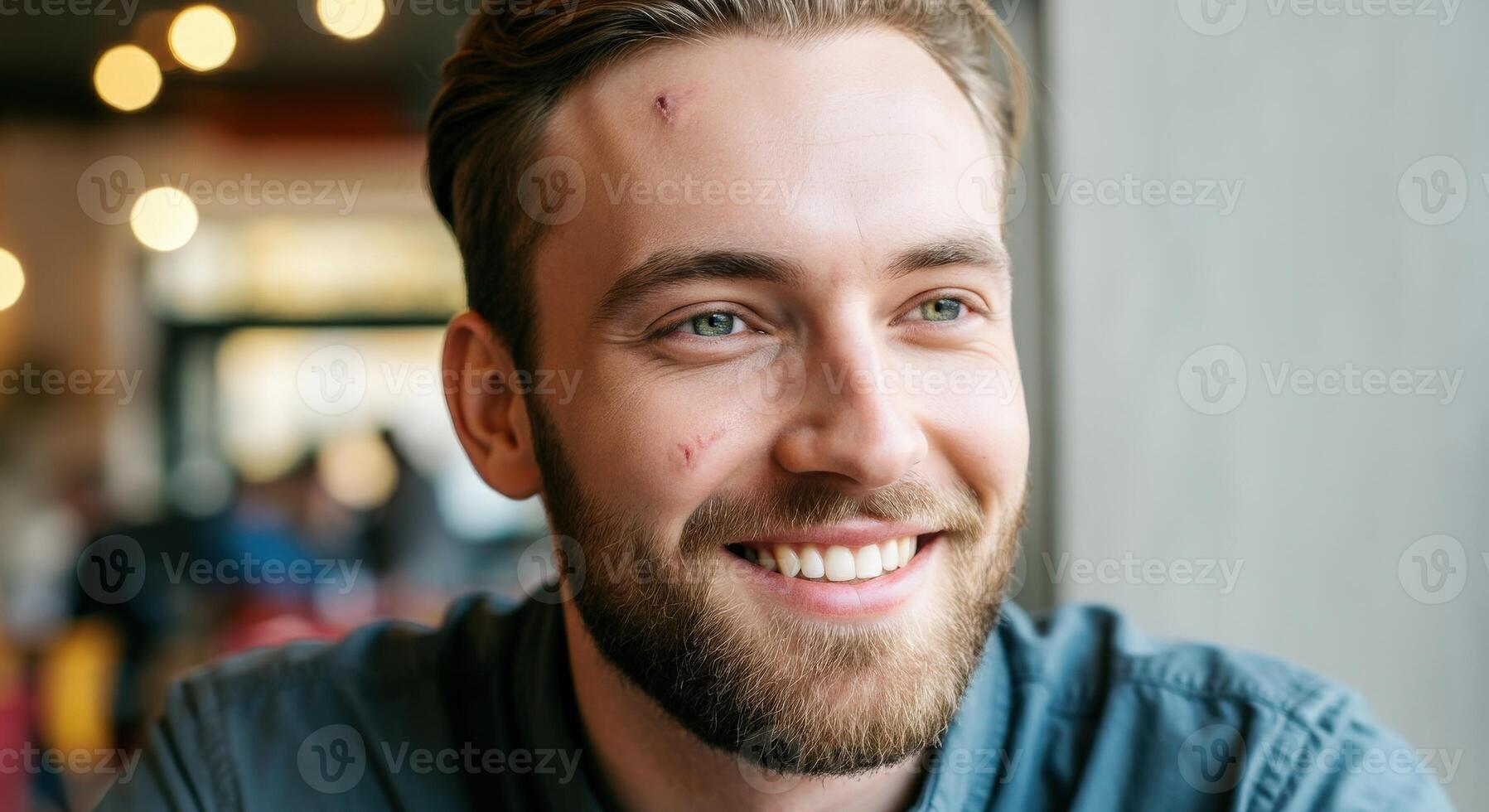 Smiling young caucasian male with beard and scar enjoying a moment in a cozy cafe setting photo