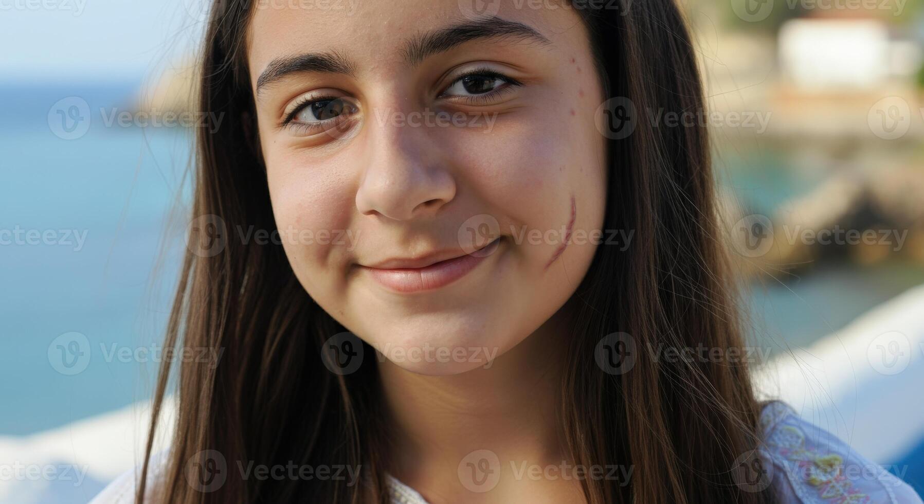 Smiling hispanic teen girl with long hair outdoors by the sea photo