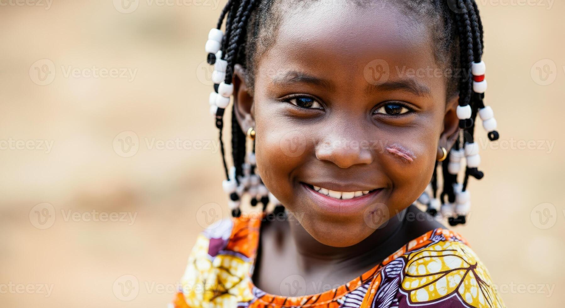 Joyful african girl with braided hair and colorful dress in natural setting photo