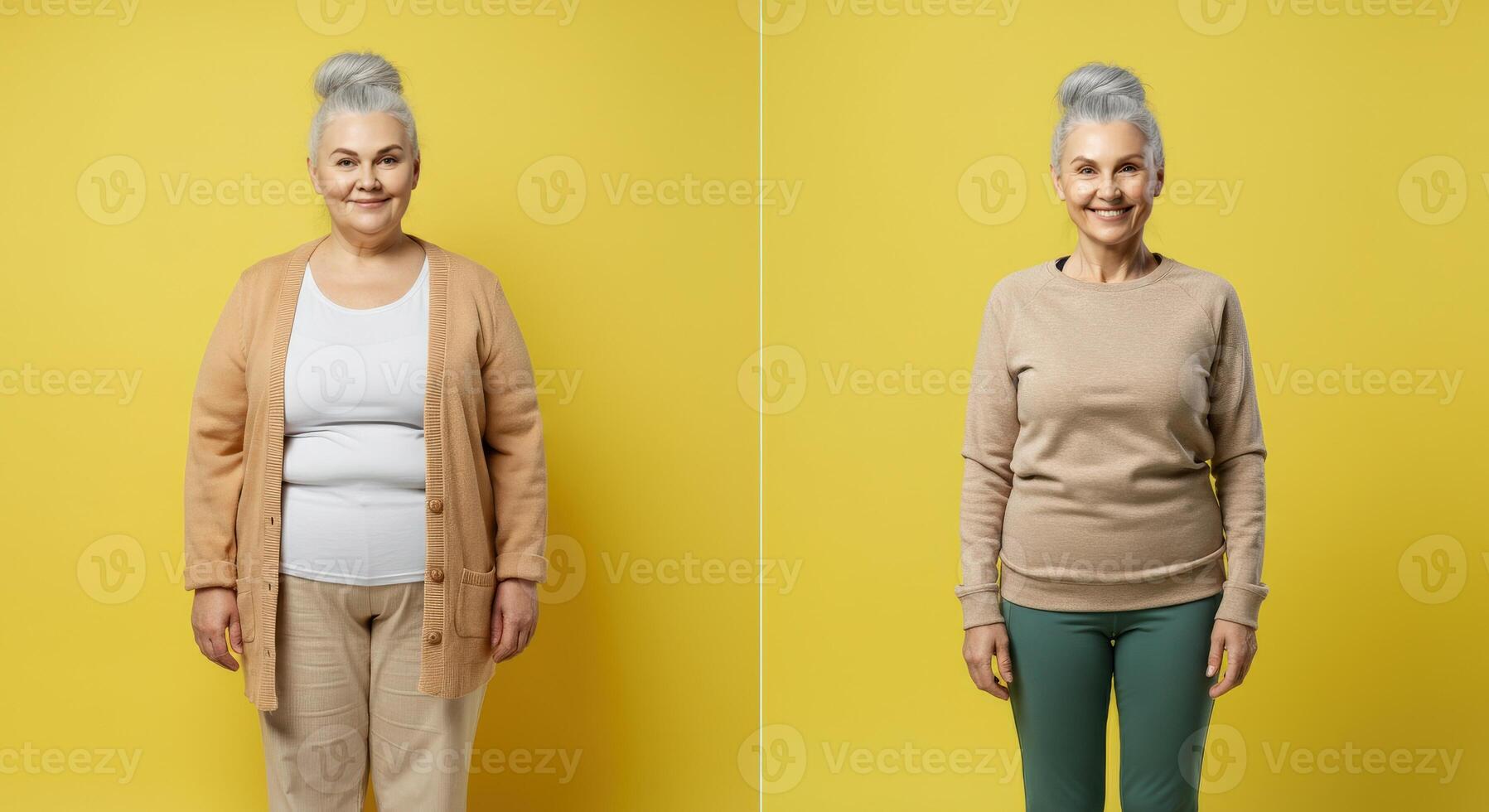 Transformation journey of mature caucasian woman in casual and fitness attire on yellow background photo